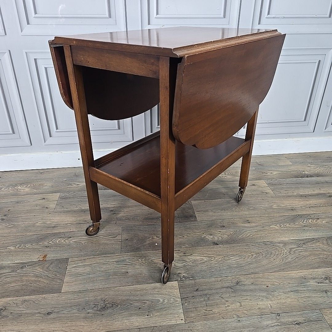photo vintage Vintage Drinks Cocktail Trolley Drop Leaf Table Tea Mid Century Wooden 2 Tier
