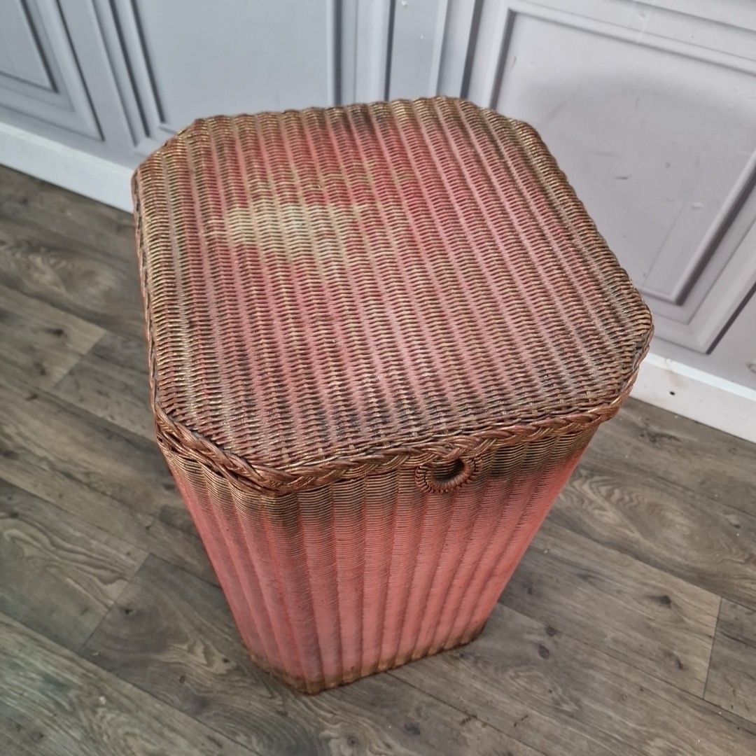 Vintage Laundry Basket  Lloyd Loom – Pink Woven Fibre Linen Storage Box – Lusty photo for sale