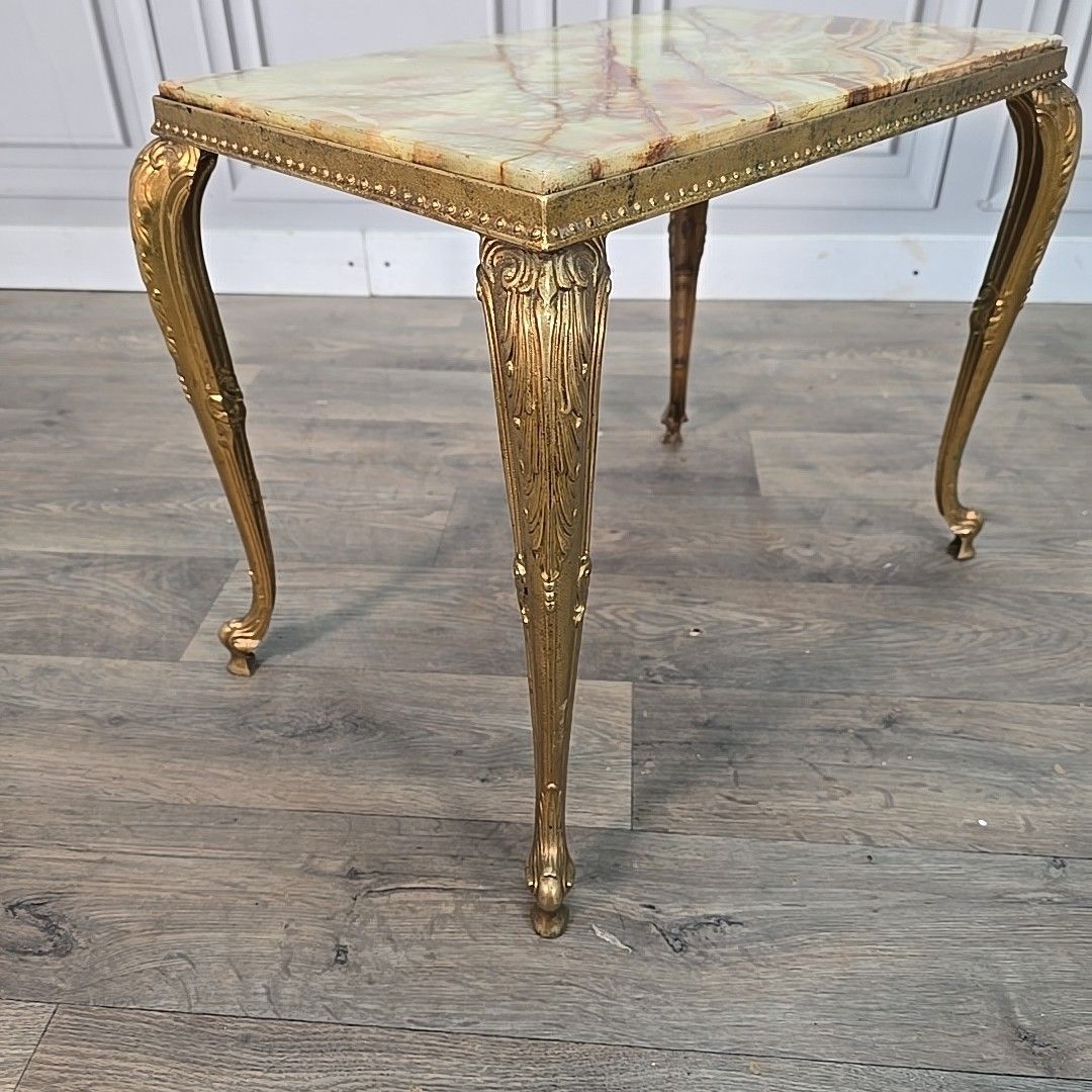 Vintage Brass & Onyx Table – Marble Top – French Louis Style Side Antique Retro photo Furniture