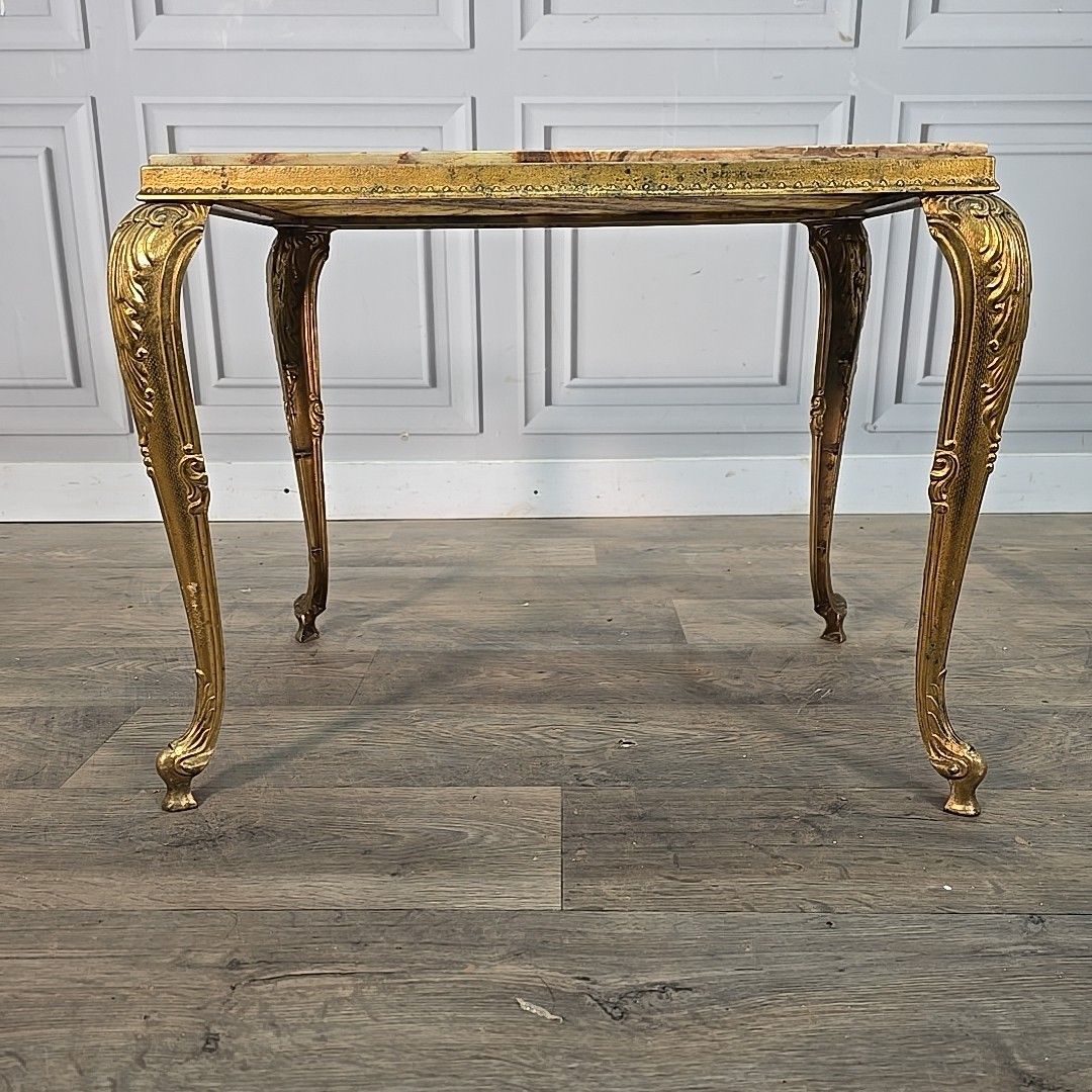 Vintage Brass & Onyx Table – Marble Top – French Louis Style Side Antique Retro photo vintage