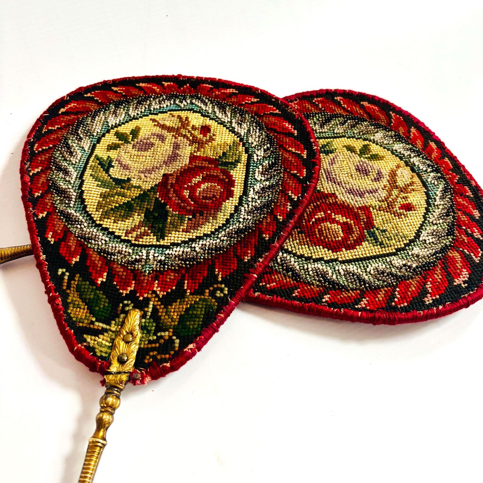 Antique Needlepoint Fire Face Screens – Napoleonic Style 19th Century French Floral Medallions