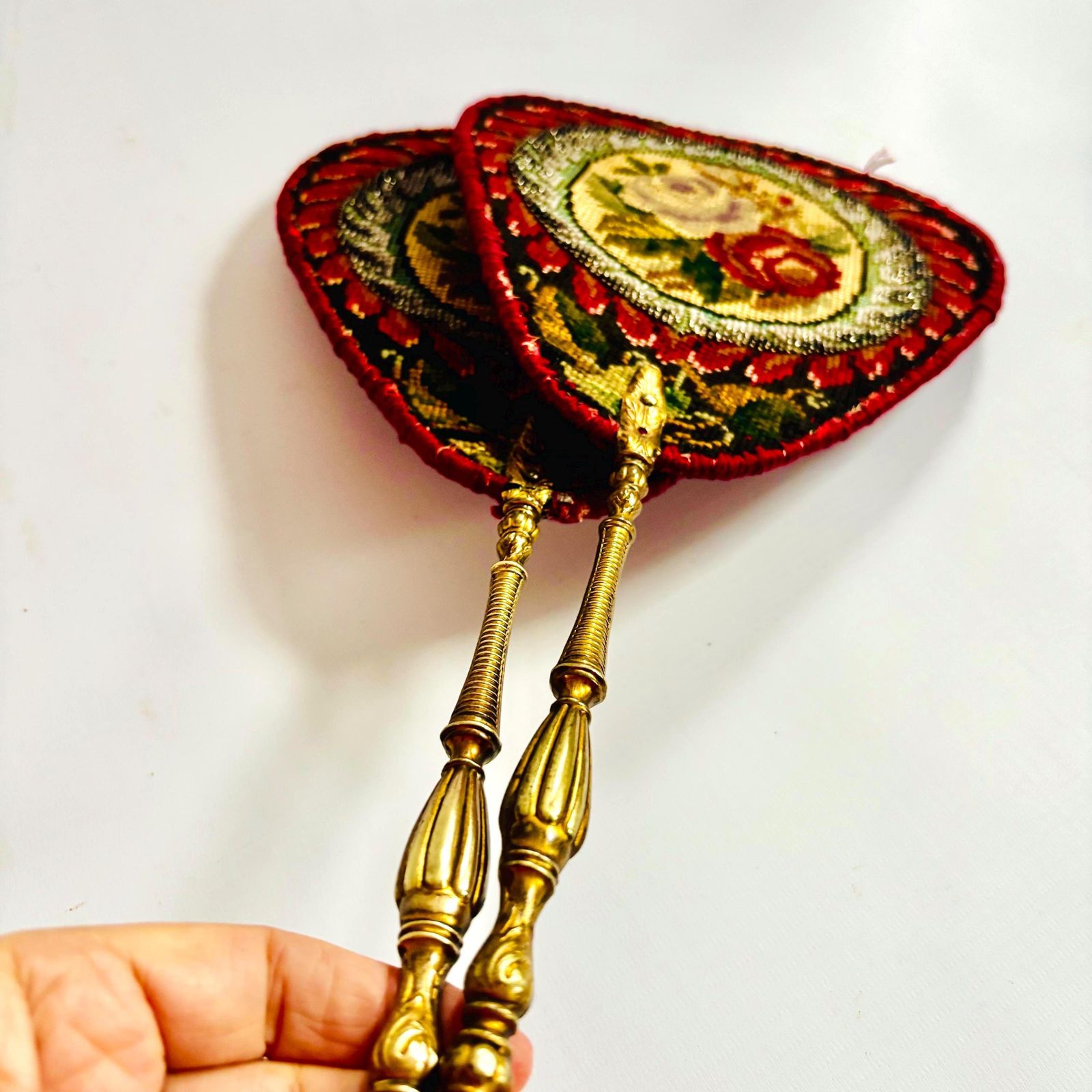 Antique Needlepoint Fire Face Screens – Napoleonic Style 19th Century French Floral Medallions photo for sale