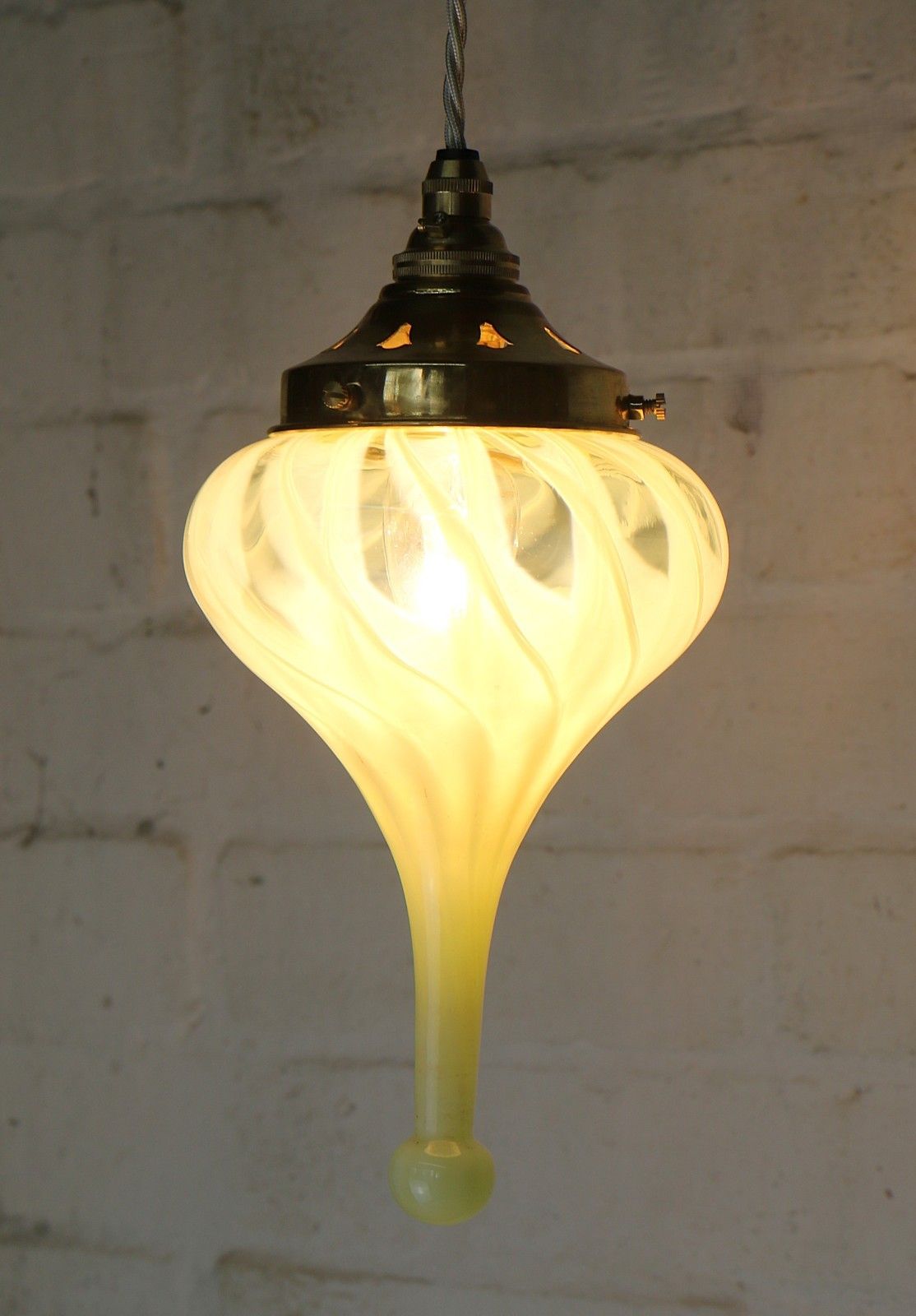 Ceiling Light Vaseline Glass Teardrop Lampshade Art Nouveau With New Fittings photo for sale