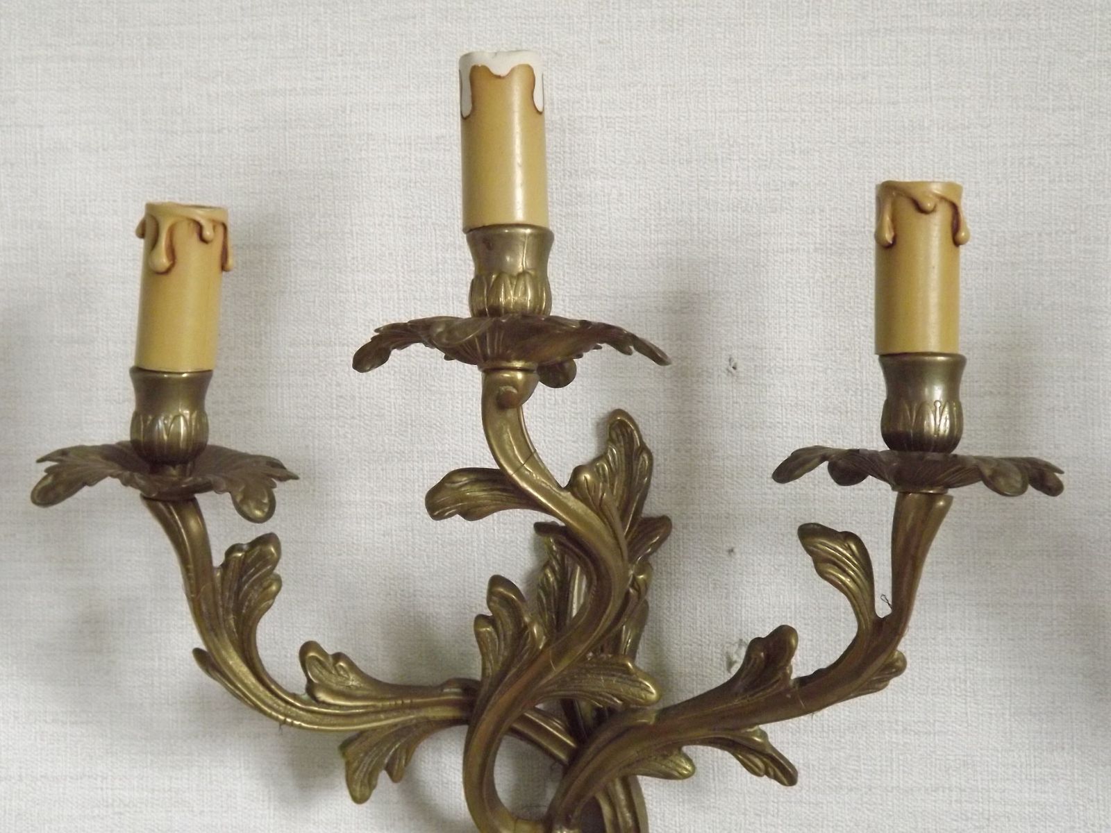 Lighting Magnificent Pair Of French Antique Bronze Three Light Acanthus Wall Sconces photo