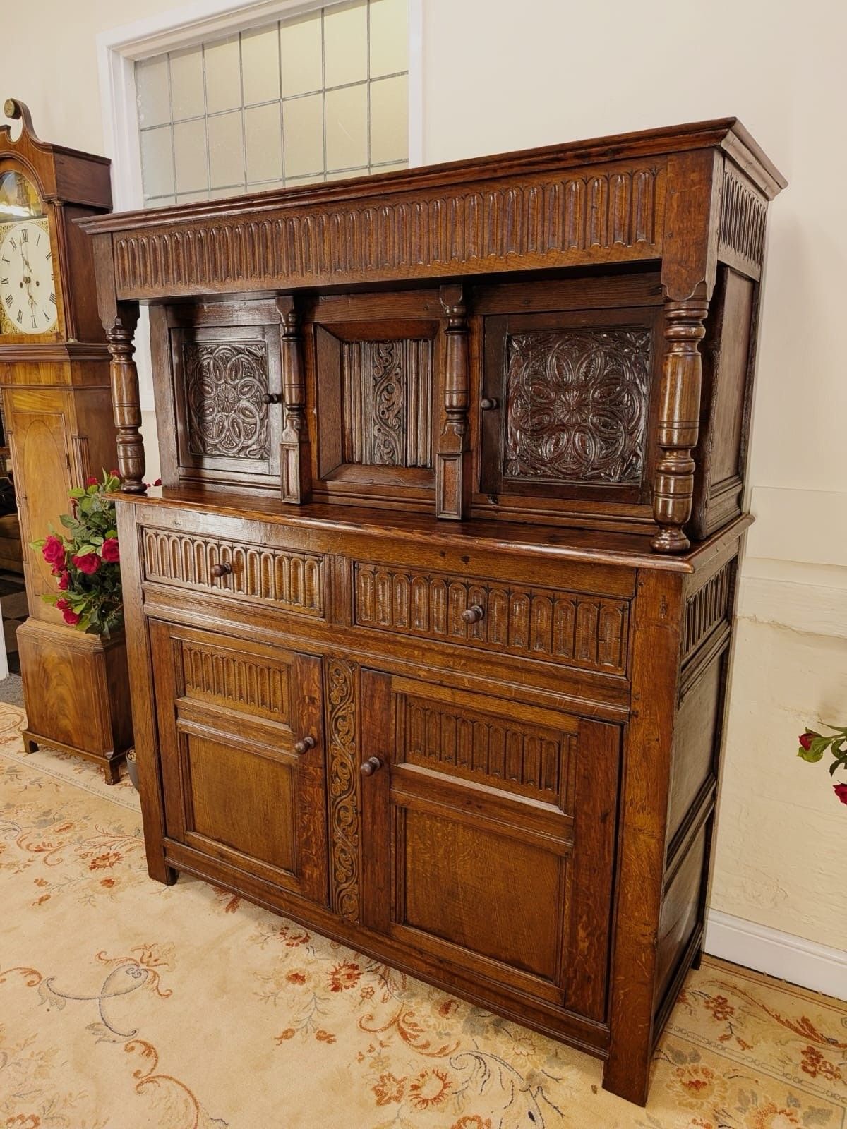 Rare 18th Century Georgian Period Large Solid Oak Carved Court Cupboard photo for sale