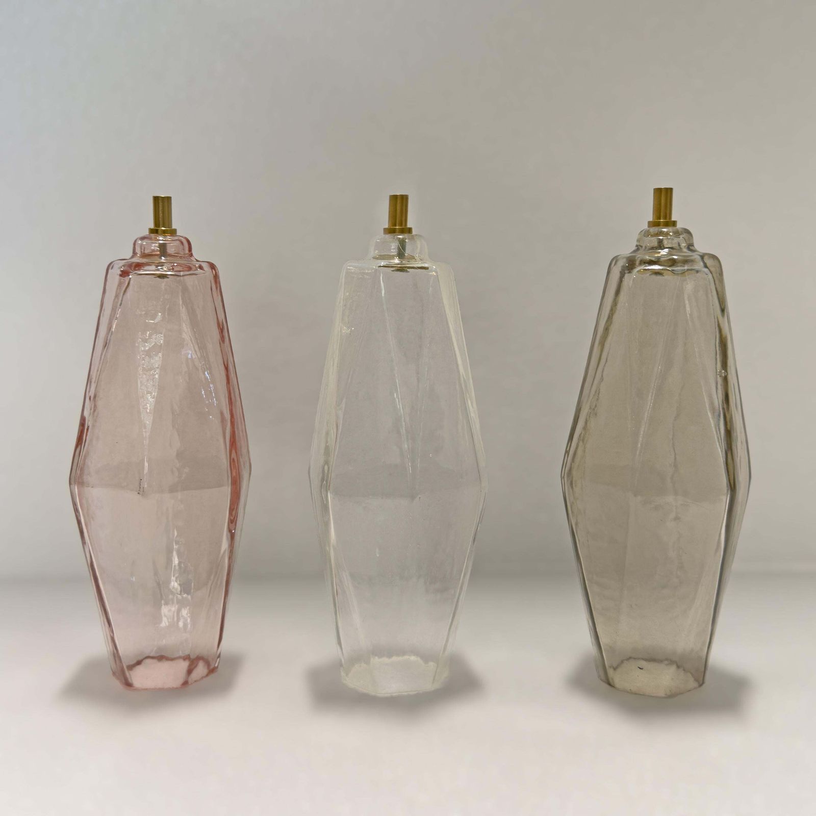 photo for sale Pair Of Mid Century Italian Murano Glass Poliedri Sconces In Amber And Clear