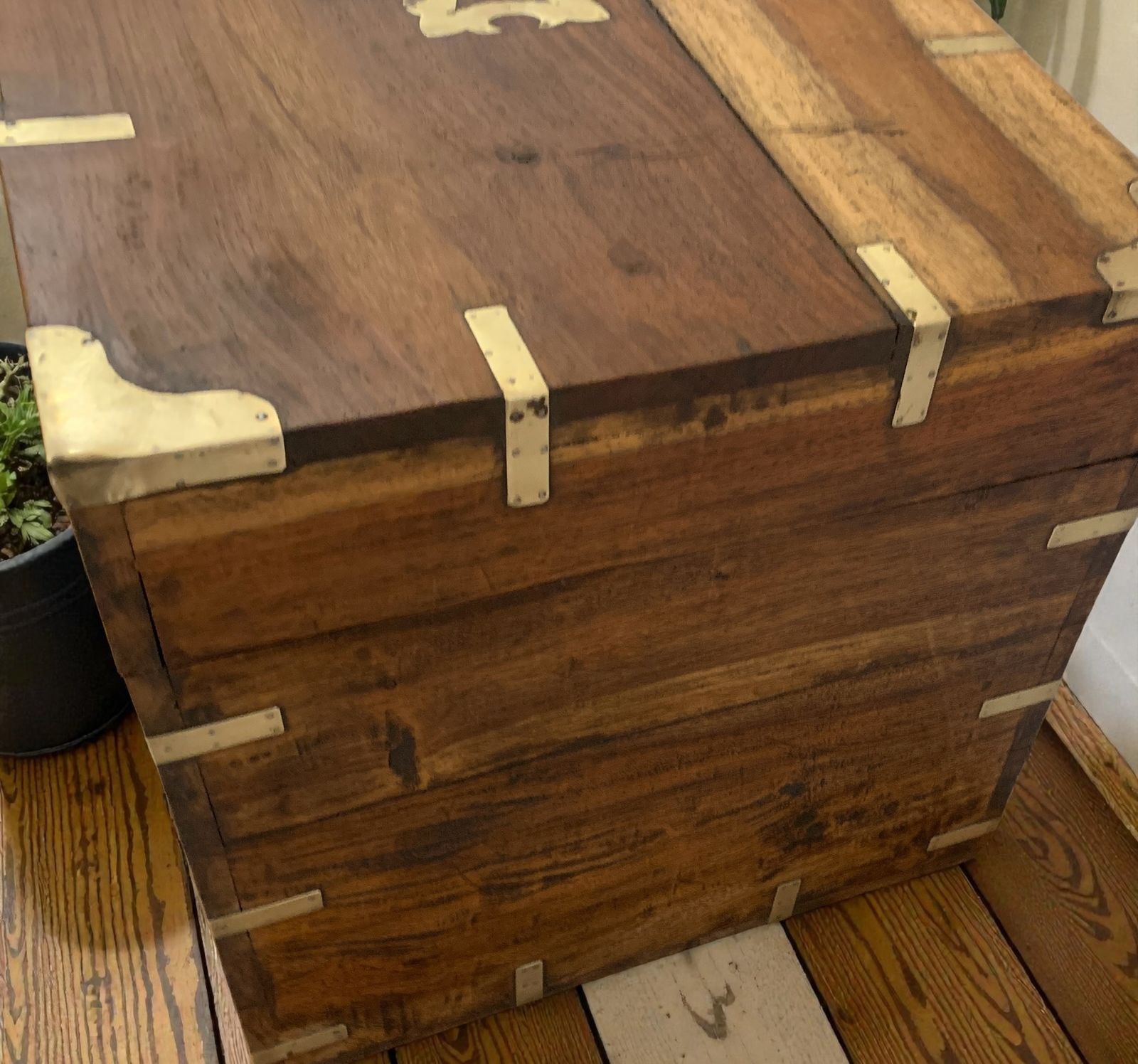19th Century Brass Bound Teak Wood Campaign Chest, Liquor Drinks Chest Box photo vinterior