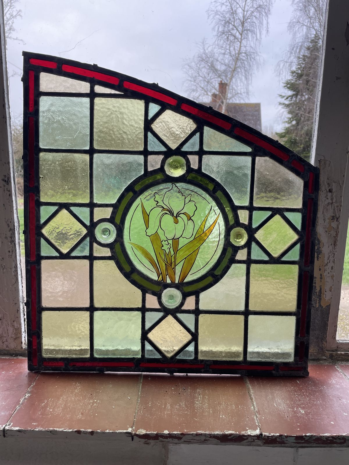 Pair Of Hand Painted Victorian Stained Glass Window Panels Forming An Arch     Pretty Floral Design. photo vinterior