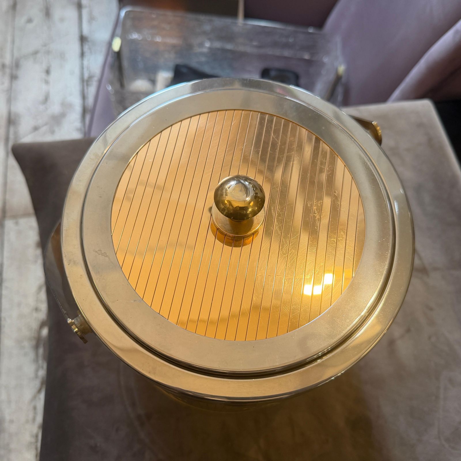 579.0 1970s Stunning Mid Century Modern Brass And Silver Plated Ice Bucket By Lidian photo