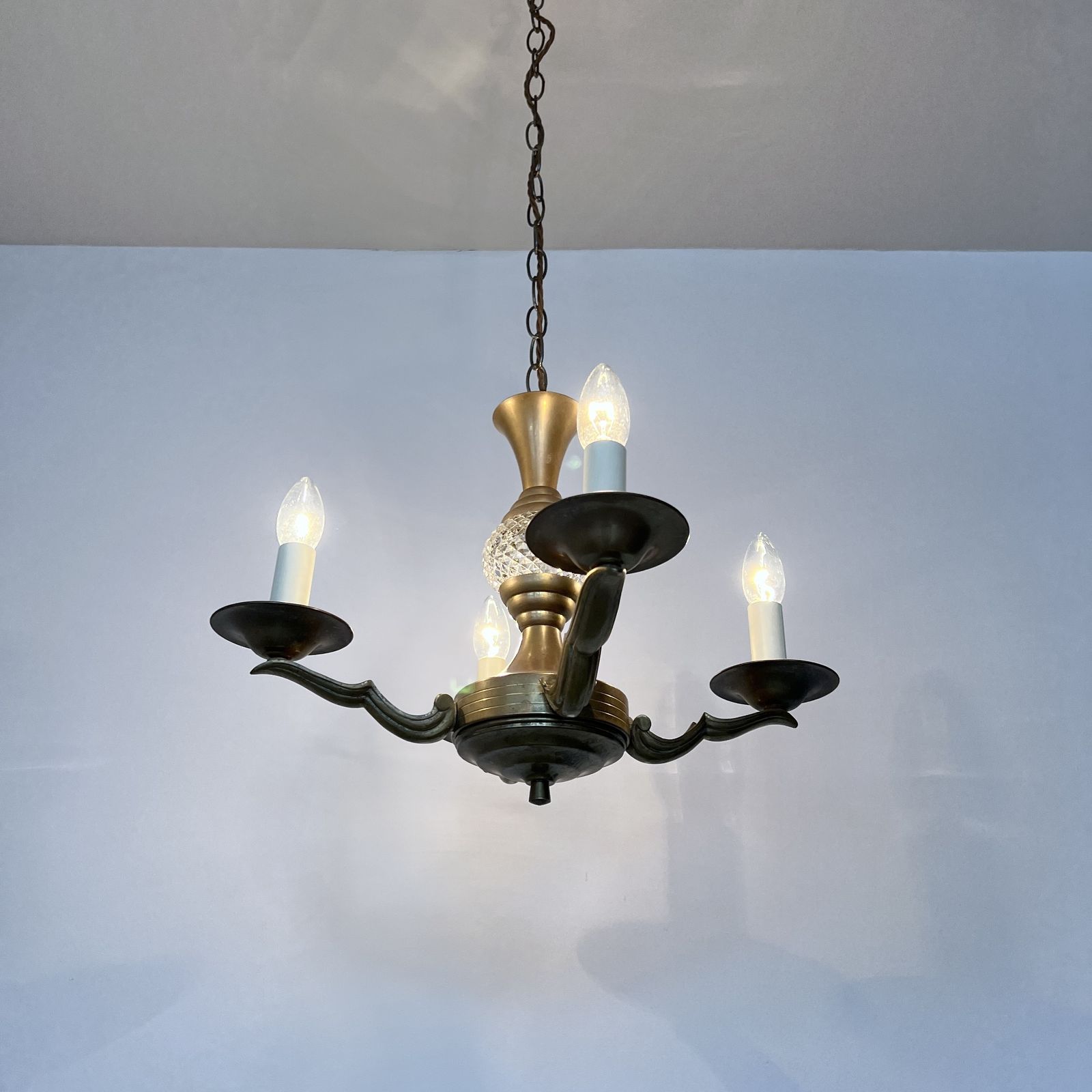 photo for sale Brass Four Arm Chandelier With Faceted Glass Stem Detail