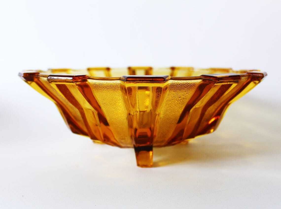 Large Vintage Art Deco Circa 1930s Amber Glass Fruit Bowl Belgium By Scailmont Henri Heemskerk Geometric Design Centerpiece photo for sale