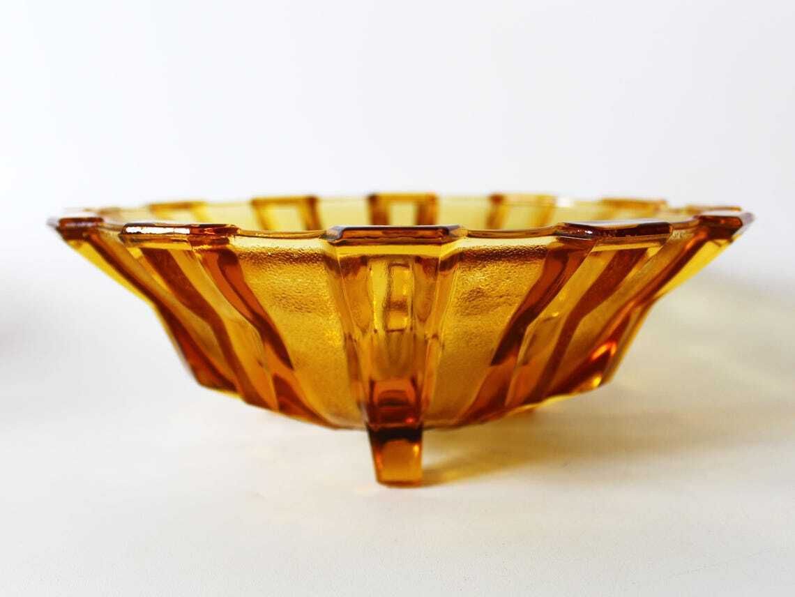 photo furniture Large Vintage Art Deco Circa 1930s Amber Glass Fruit Bowl Belgium By Scailmont Henri Heemskerk Geometric Design Centerpiece