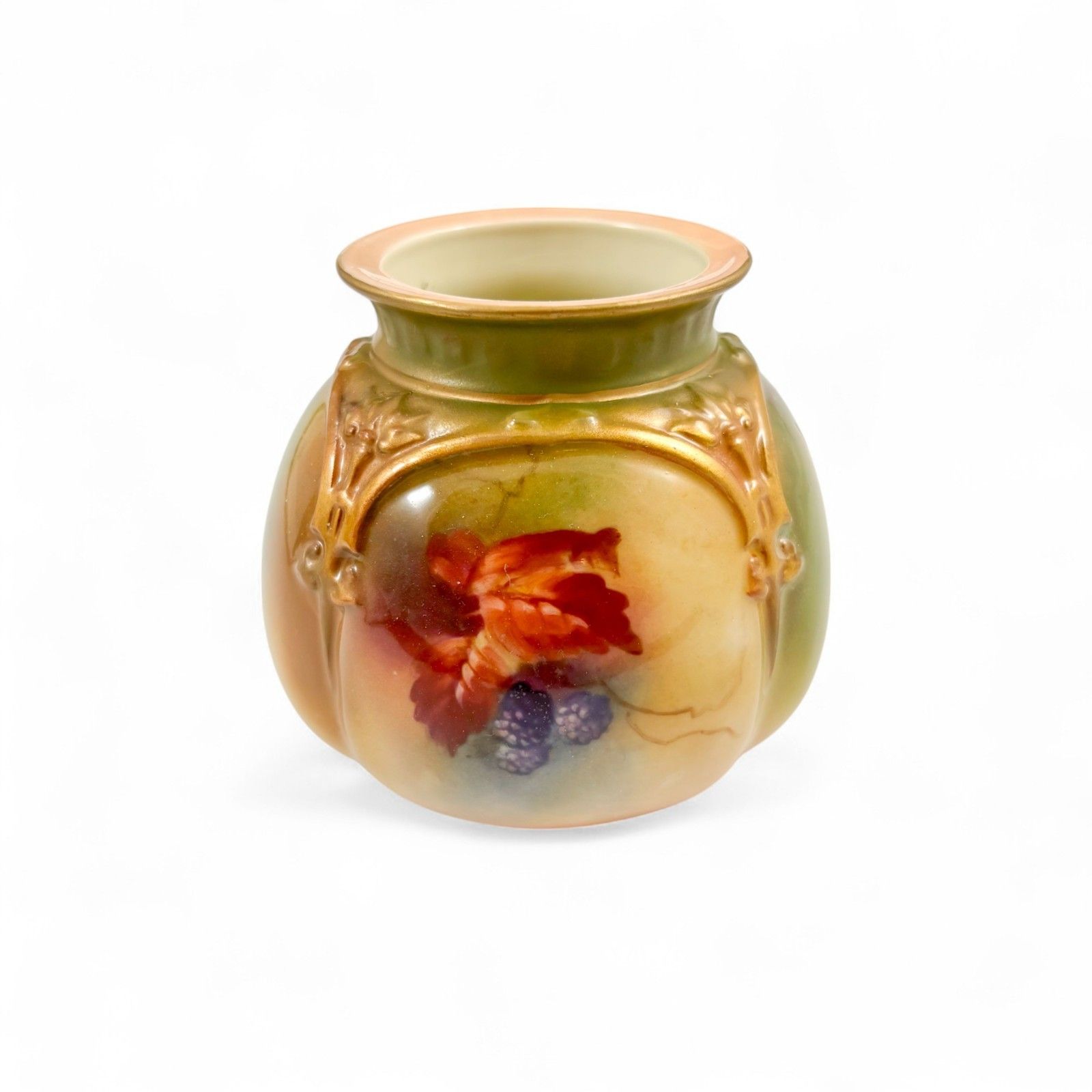 Antique Edwardian Royal Worcester Porcelain Floral Fruit Vase 1910 Blush Moulded photo for sale