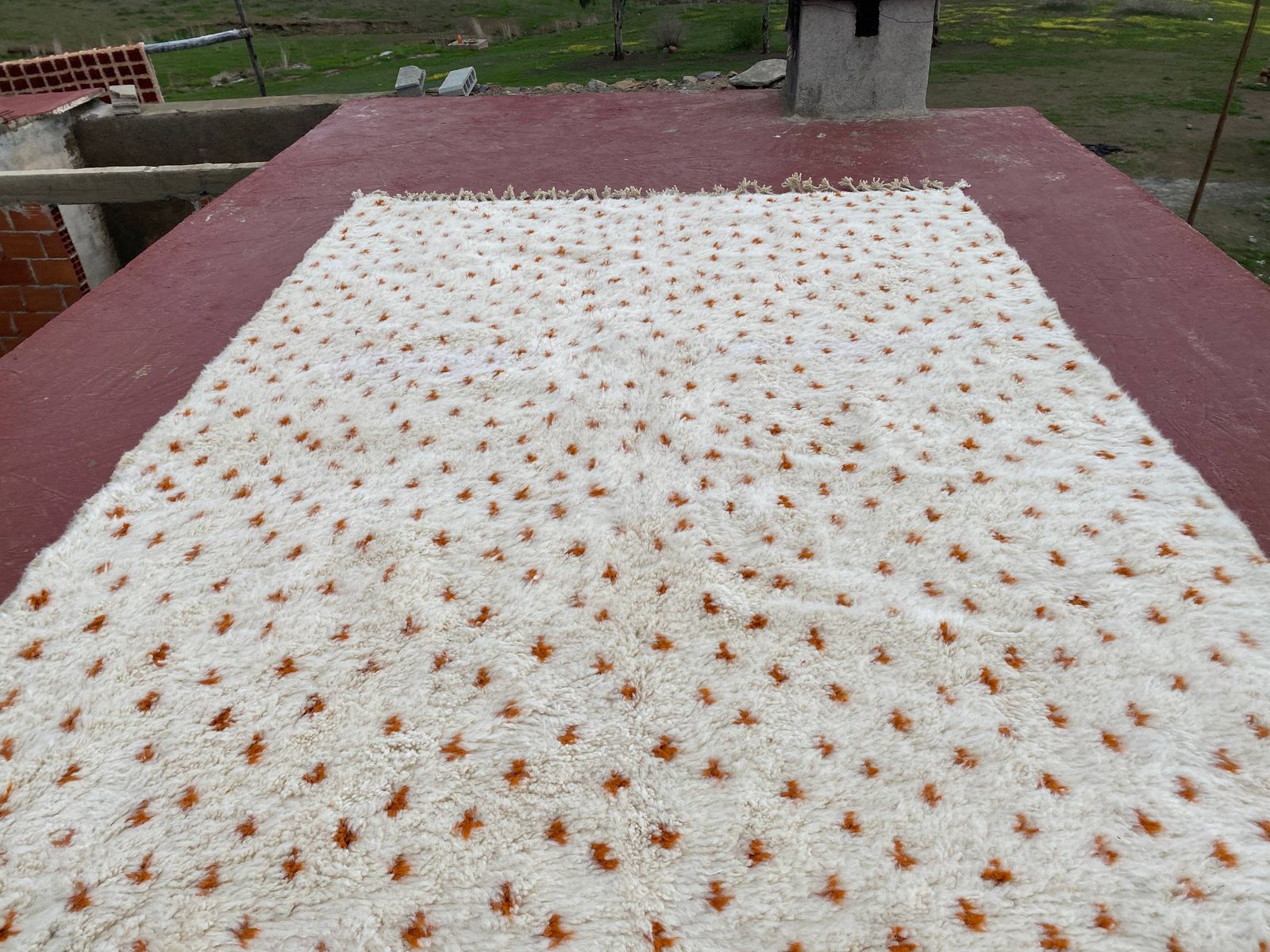Authentic Beni Ouarain Rug 330x230cm – Ivory Wool With Terracotta Motifs photo vintage