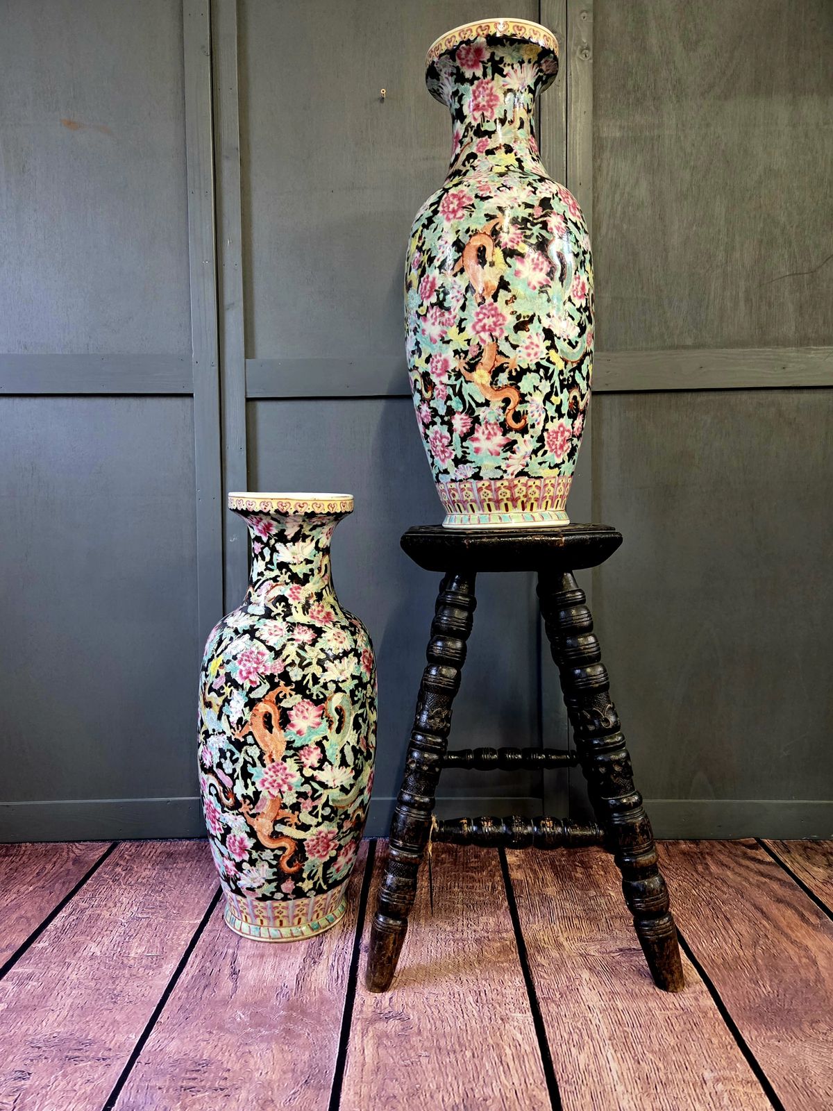 Pair Of Large Chinese Porcelain Floor Vases, Dragon & Floral Decoration, Famille Noire Style, Mid 20th Century (64cm)