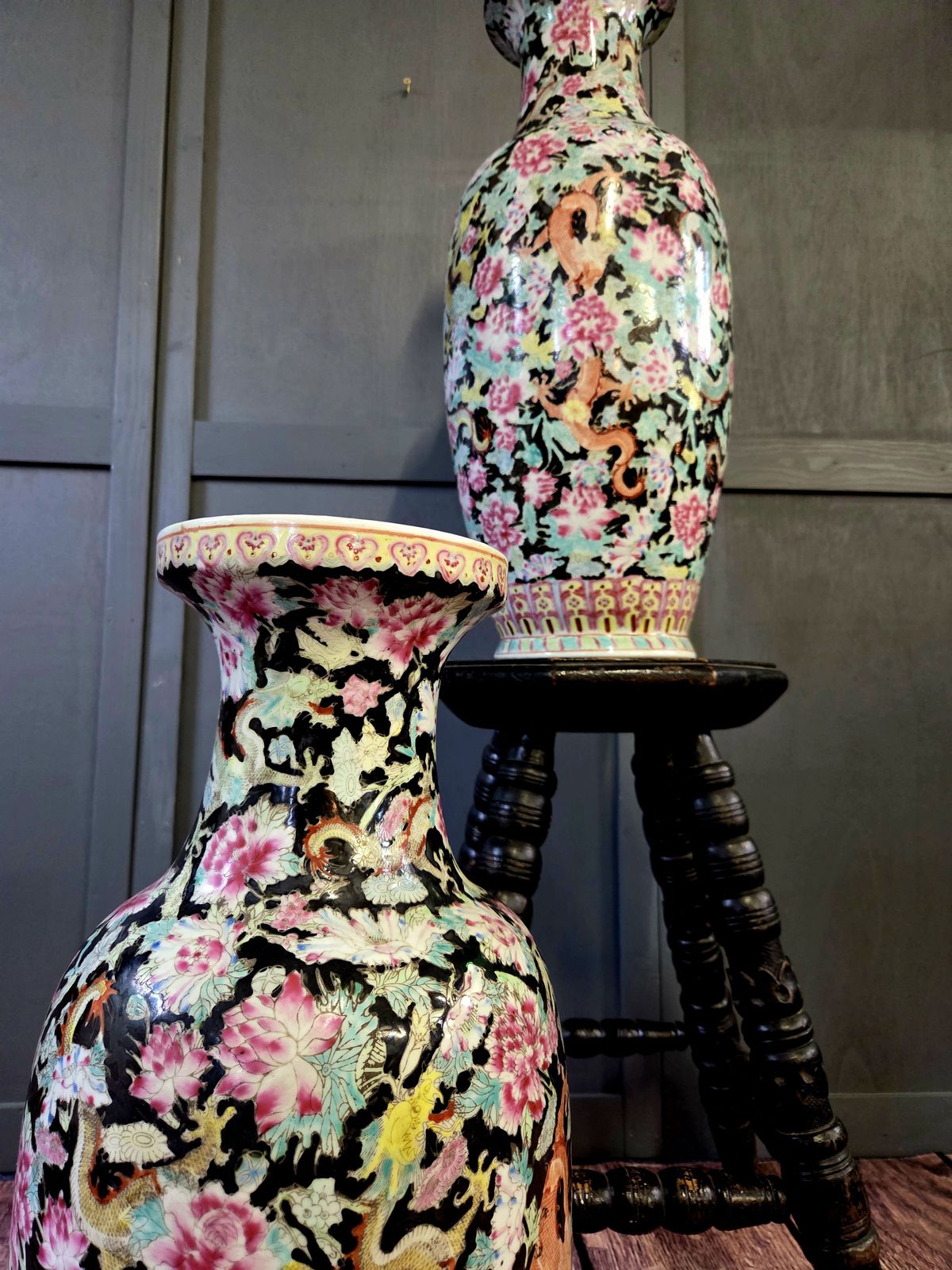 Pair Of Large Chinese Porcelain Floor Vases, Dragon & Floral Decoration, Famille Noire Style, Mid 20th Century (64cm) photo furniture