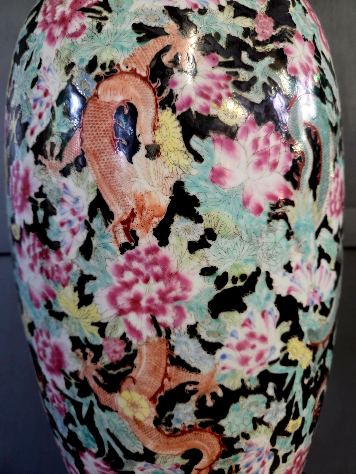 Pair Of Large Chinese Porcelain Floor Vases, Dragon & Floral Decoration, Famille Noire Style, Mid 20th Century (64cm) photo 625.0