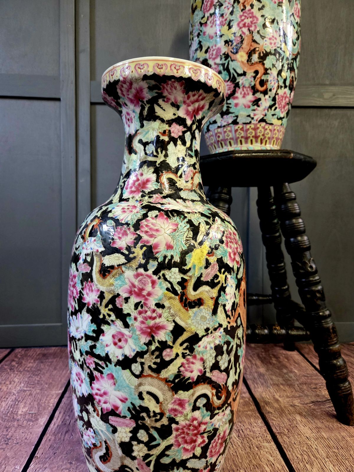 Pair Of Large Chinese Porcelain Floor Vases, Dragon & Floral Decoration, Famille Noire Style, Mid 20th Century (64cm) photo buy