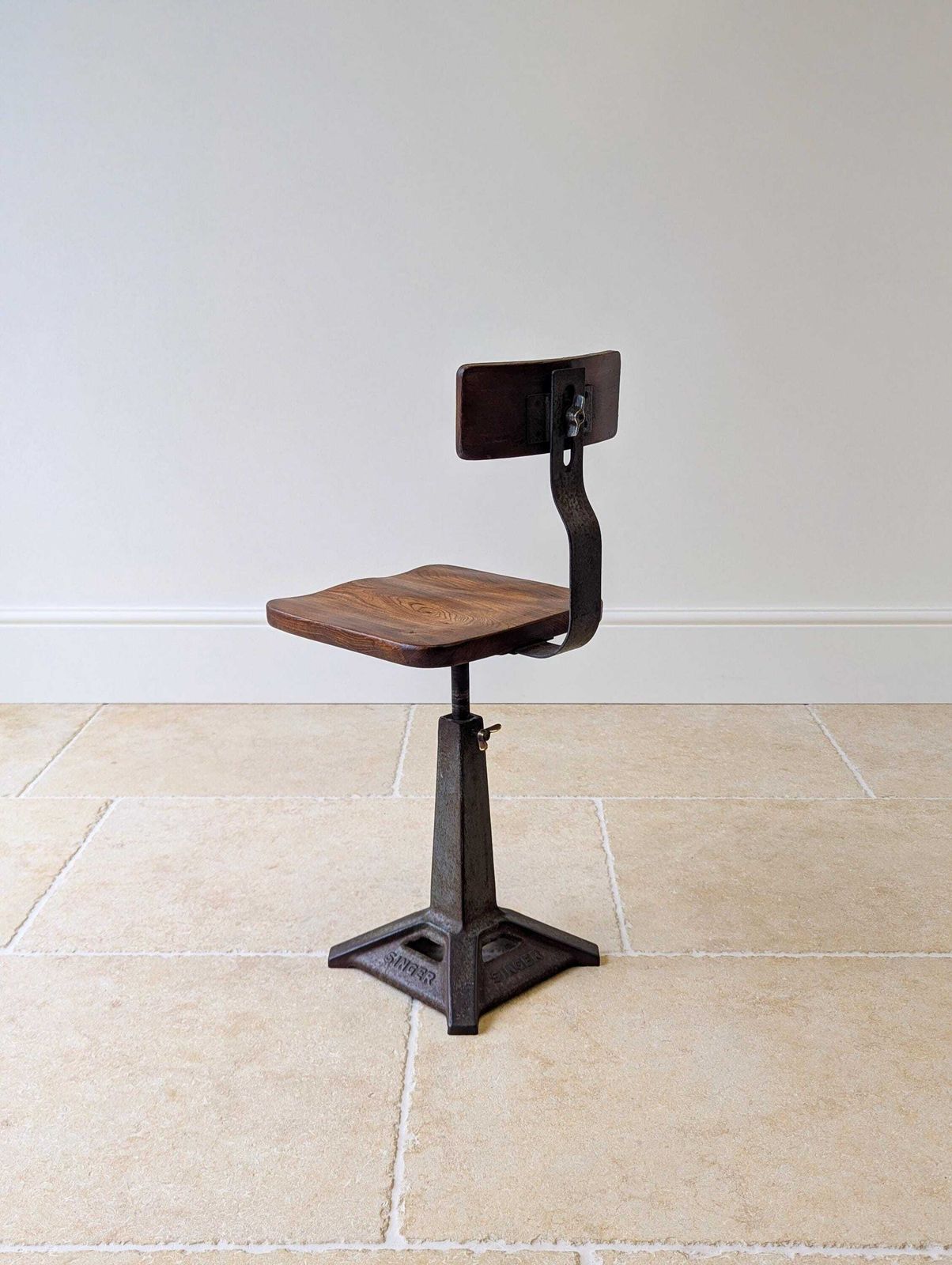 photo buy Early 20th Century Singer Cast Iron & Elm Industrial Chair C.1930