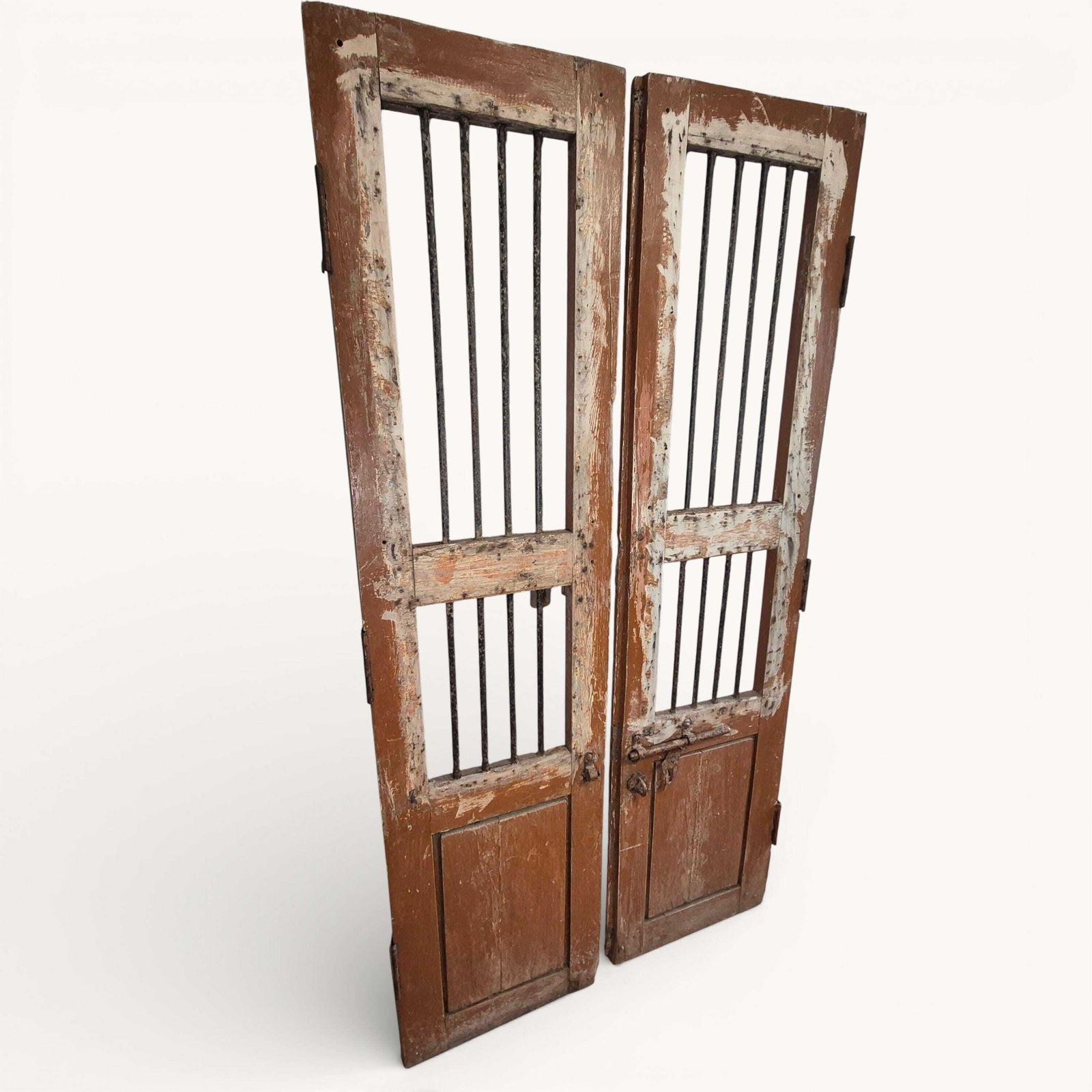 Antique Indian Jali Doors Pair 182cm X 91.5cm | Rustic Wooden Panel Doors With Metal Bars | Architectural Salvage photo furniture