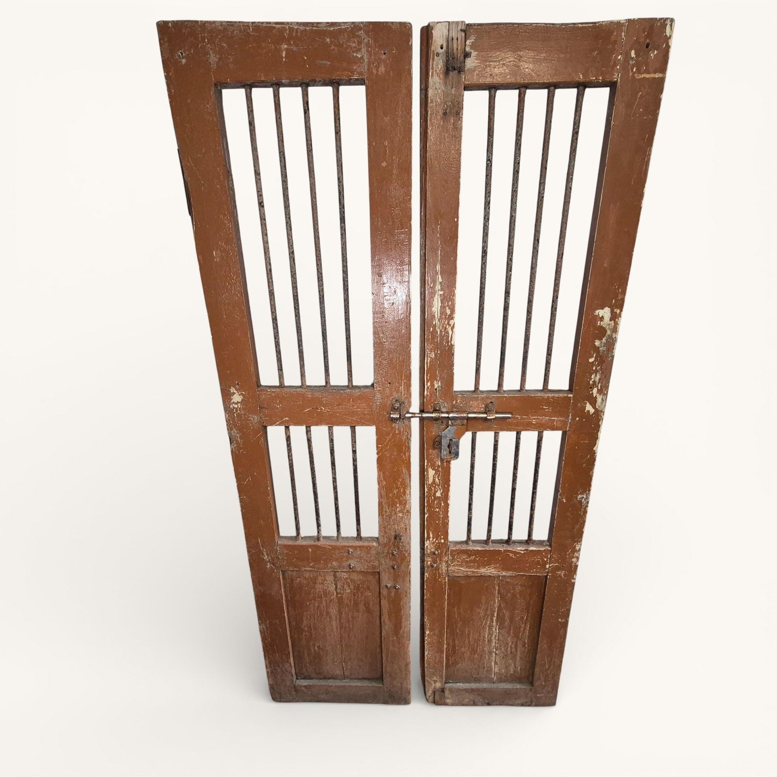 Antique Indian Jali Doors Pair 182cm X 91.5cm | Rustic Wooden Panel Doors With Metal Bars | Architectural Salvage photo for sale