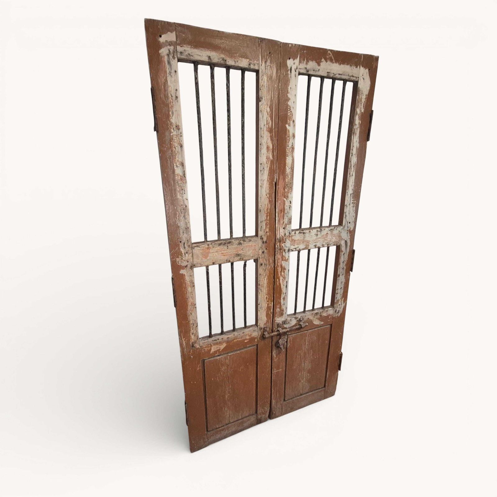 Antique Indian Jali Doors Pair 182cm X 91.5cm | Rustic Wooden Panel Doors With Metal Bars | Architectural Salvage photo 430.0