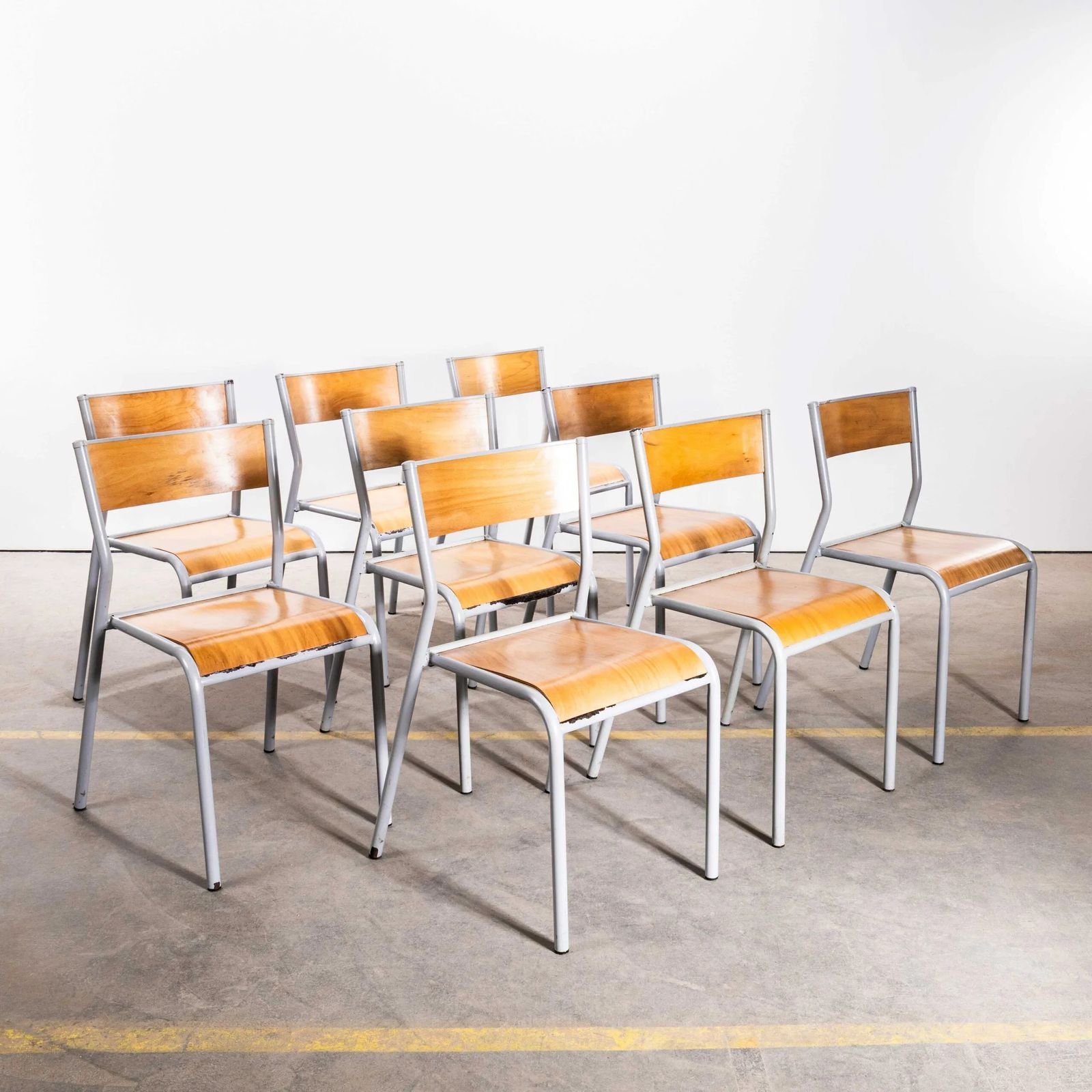 1950’s French Mullca Stacking Dining Chairs – Grey Wide Seat 510 – Set Of Nine photo vintage