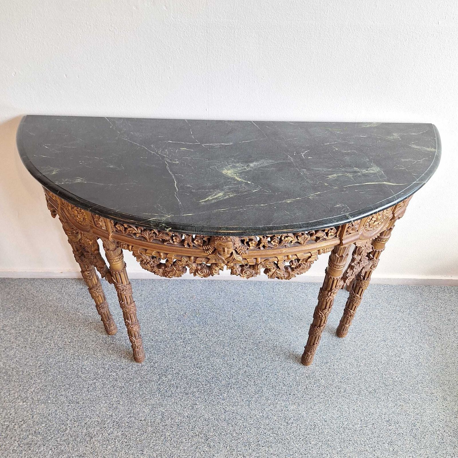 French Baroque Half Moon Wall Console With Marble Top And Six Legs photo vintage