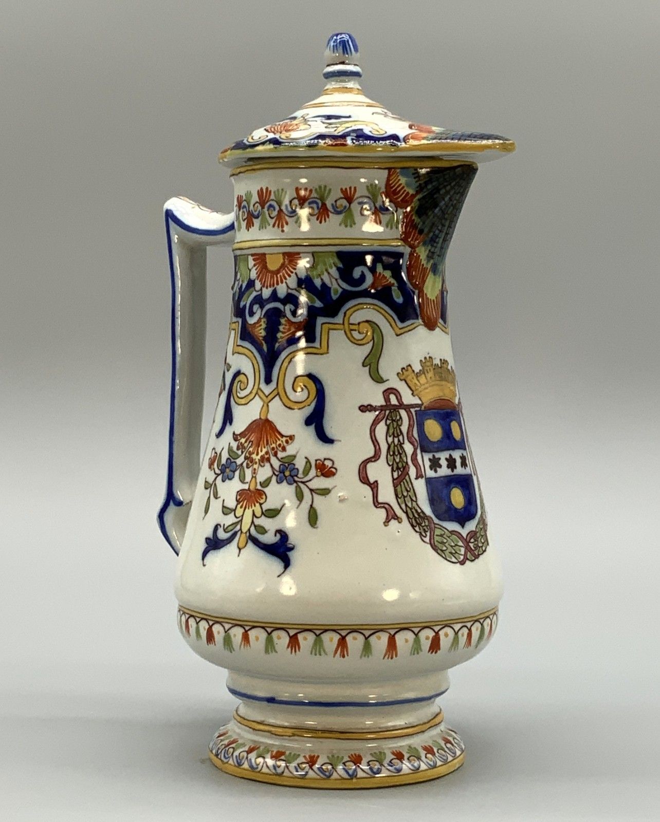 Pitcher Coffee Pot Faience French Cherbourg Polychrome Coat Of Arms Ceramic Jug photo buy