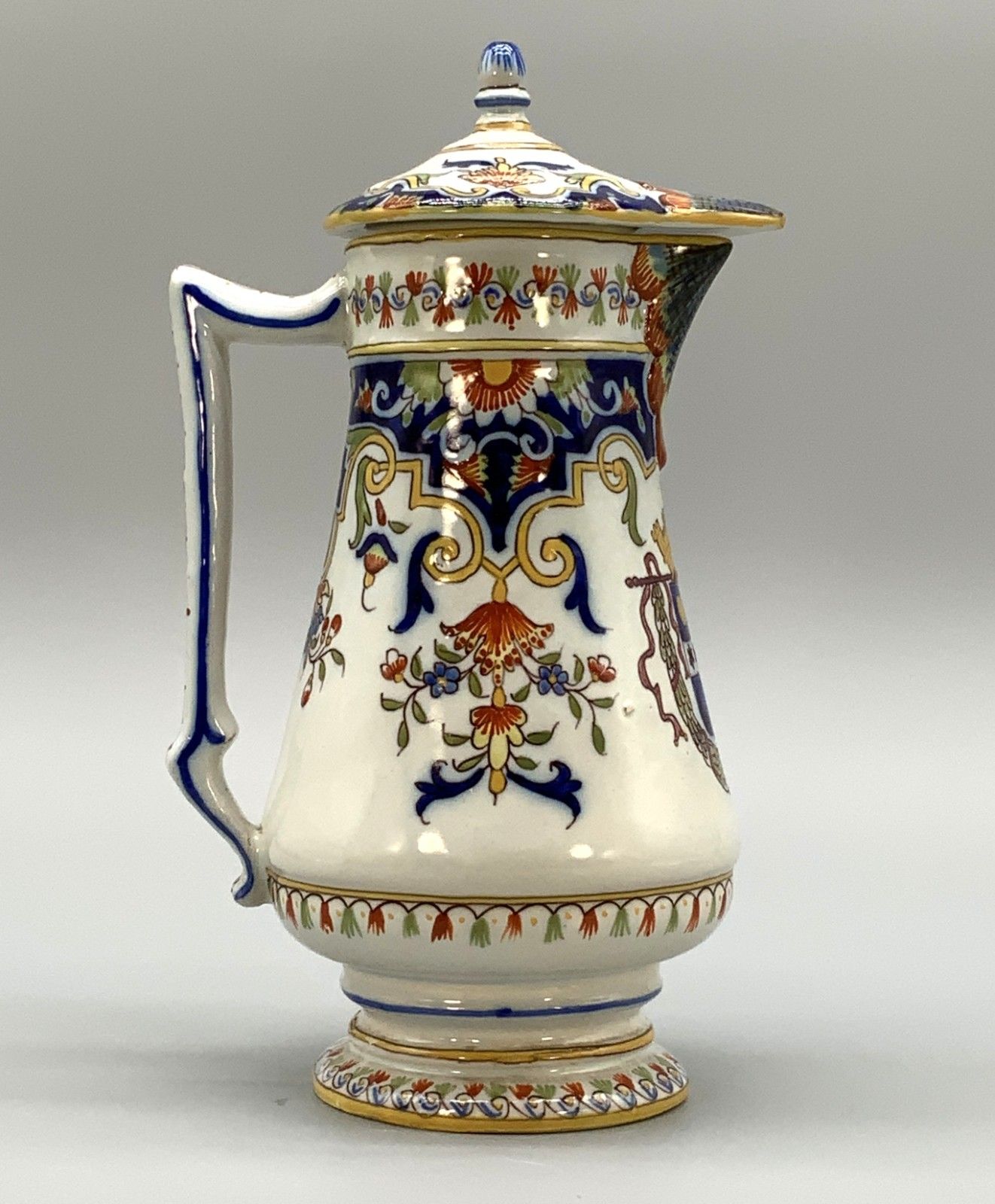 Pitcher Coffee Pot Faience French Cherbourg Polychrome Coat Of Arms Ceramic Jug photo vintage