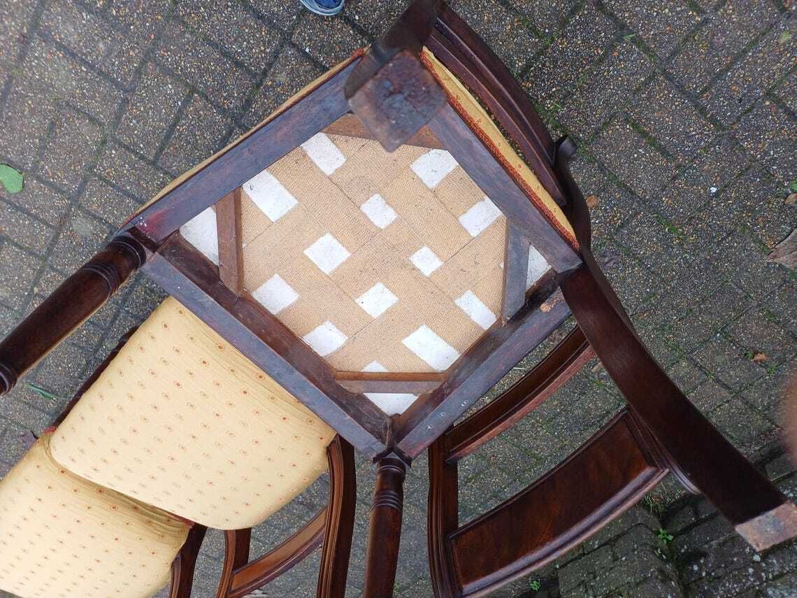 595.0 Victorian Solid Mahogany Dining Chairs Set Of Four Upholstered Seats Turned Legs Antique Vintage English Furniture photo