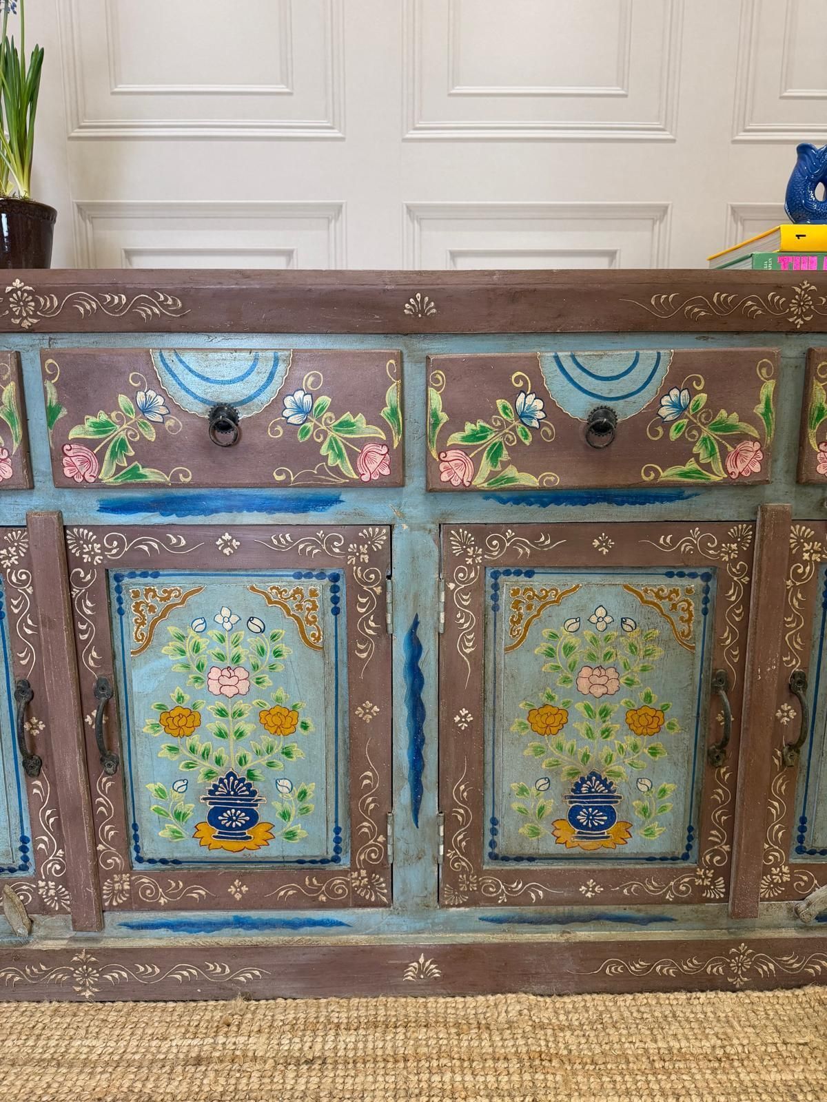 Vintage Hand Painted Mango Wood Sideboard – 4 Doors, 4 Drawers, Turquoise Finish photo Furniture