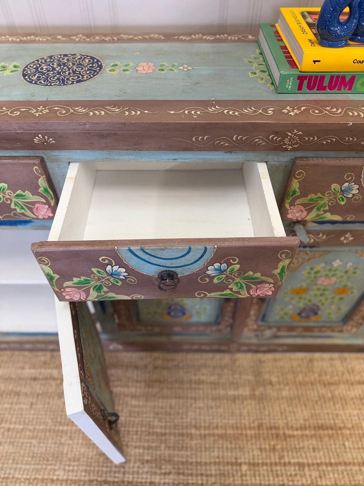 Vintage Hand Painted Mango Wood Sideboard – 4 Doors, 4 Drawers, Turquoise Finish photo vinterior