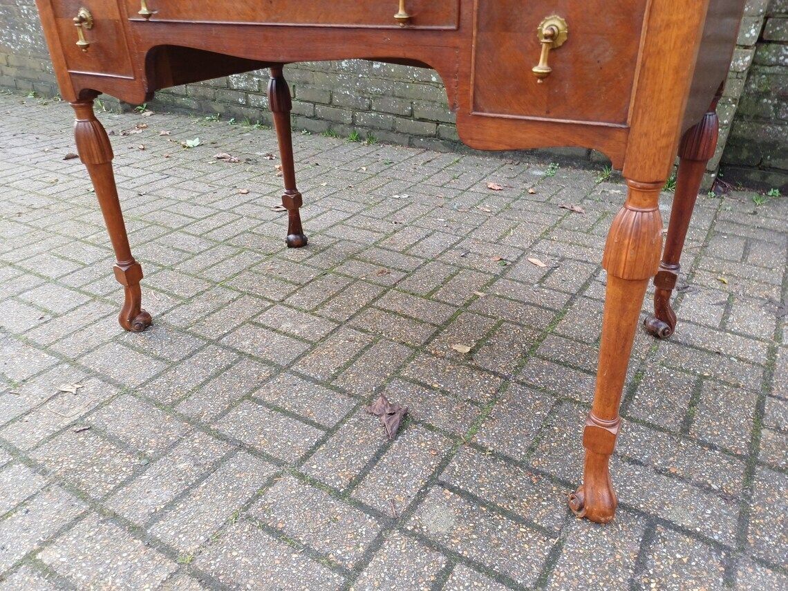 photo for sale Early 20th Century Continental Mahogany Desk Table Three Drawers Brass Handles Veneered Fronts Quality Craftsmanship