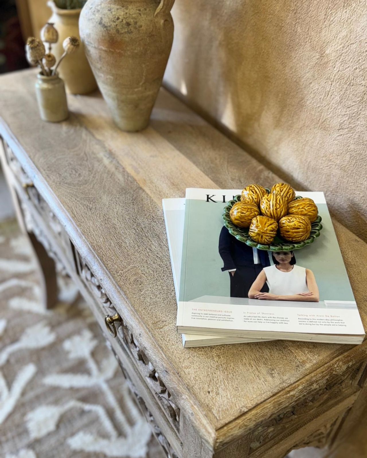 Hand Carved Mango Wood Console Table – Sandblasted Natural Finish With Two Drawers photo Furniture
