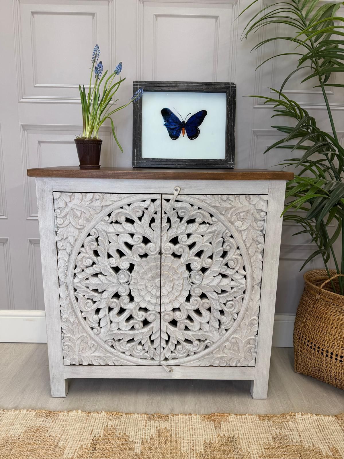 Hand Carved, Bleached Mango Wood Sideboard With Natural Top And Mandala Details.