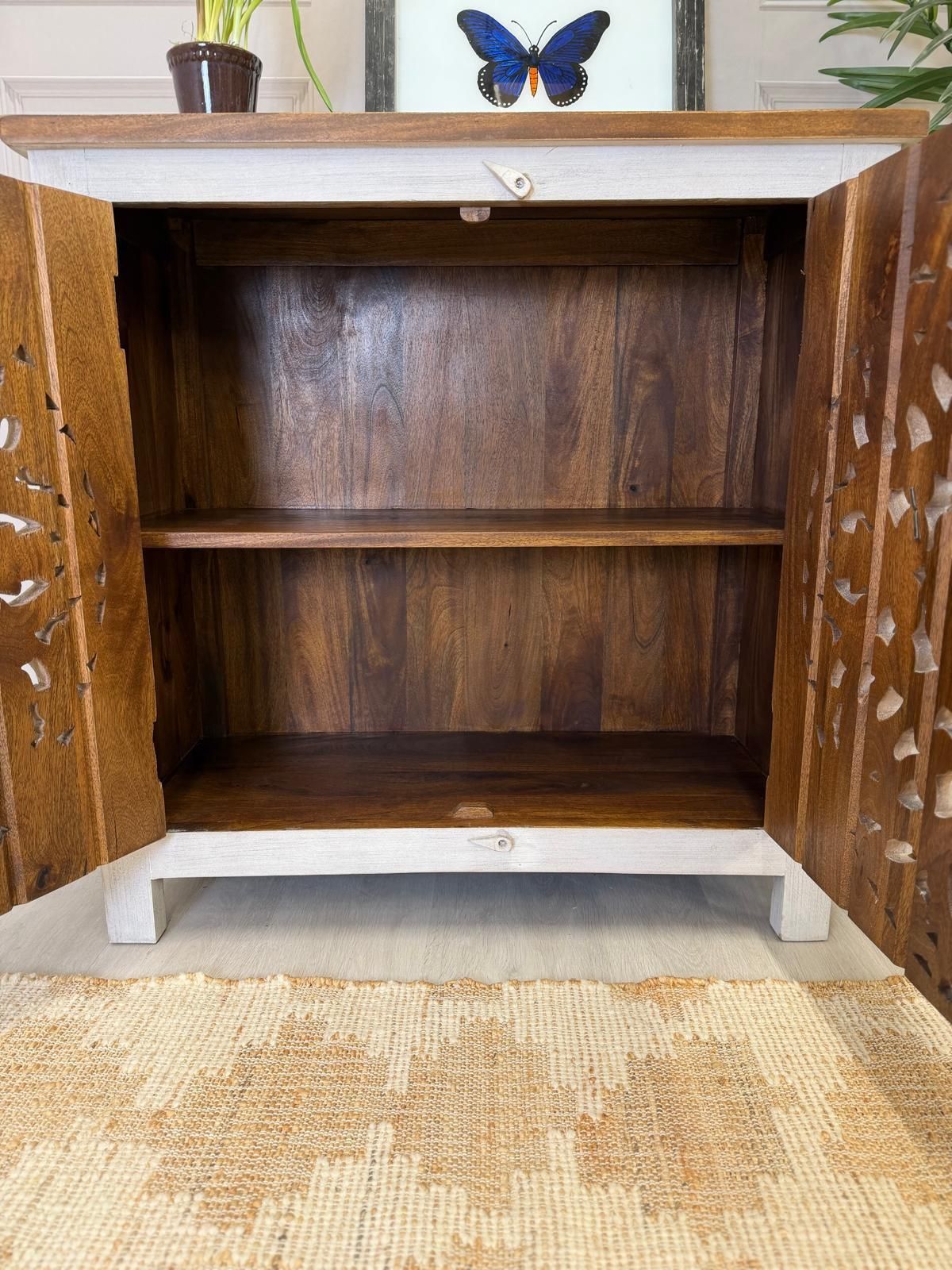Hand Carved, Bleached Mango Wood Sideboard With Natural Top And Mandala Details. photo furniture