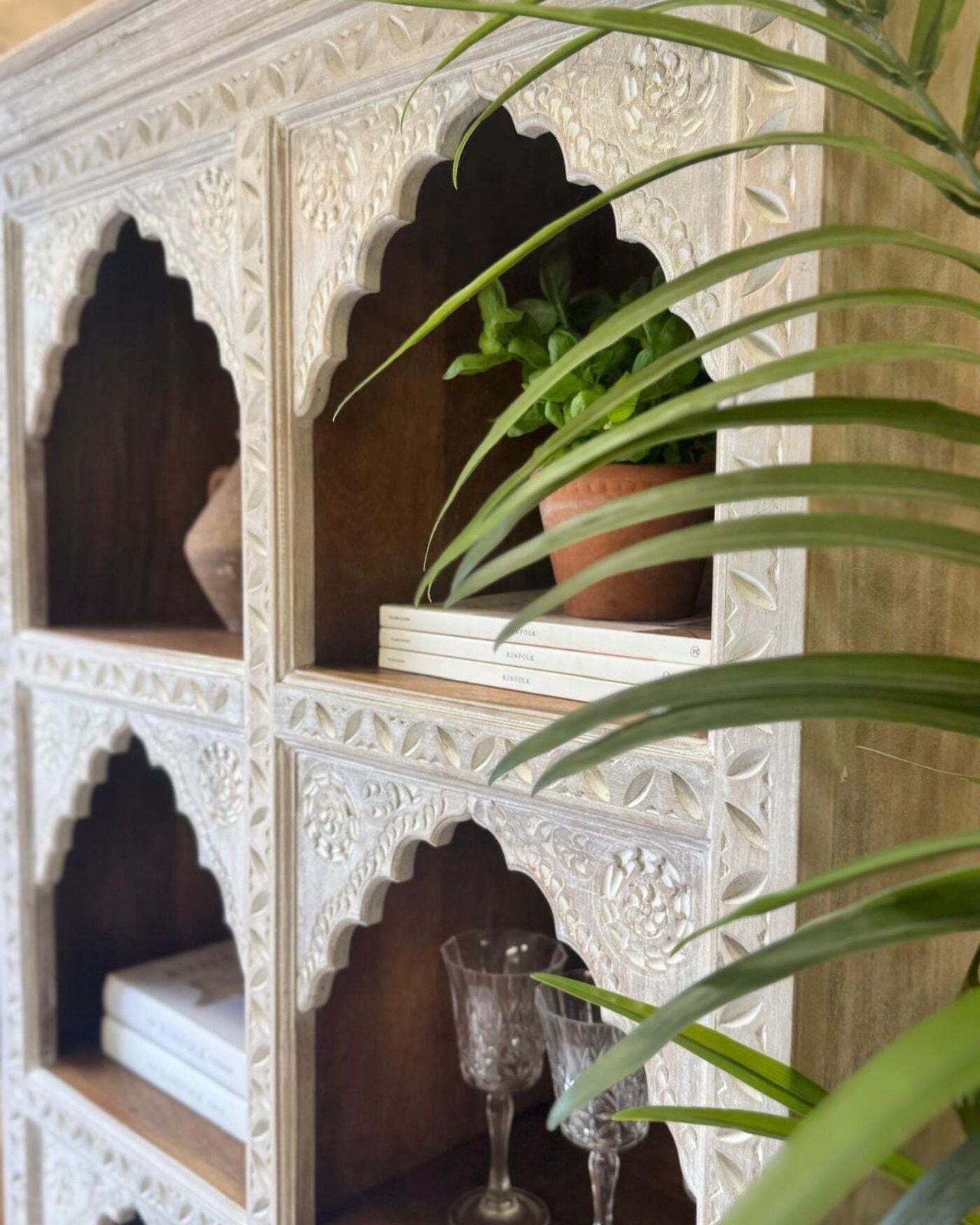 Hand Carved Mango Wood Bookcase With A Light Natural Cream Washed Finish And Arched Shelves photo Furniture