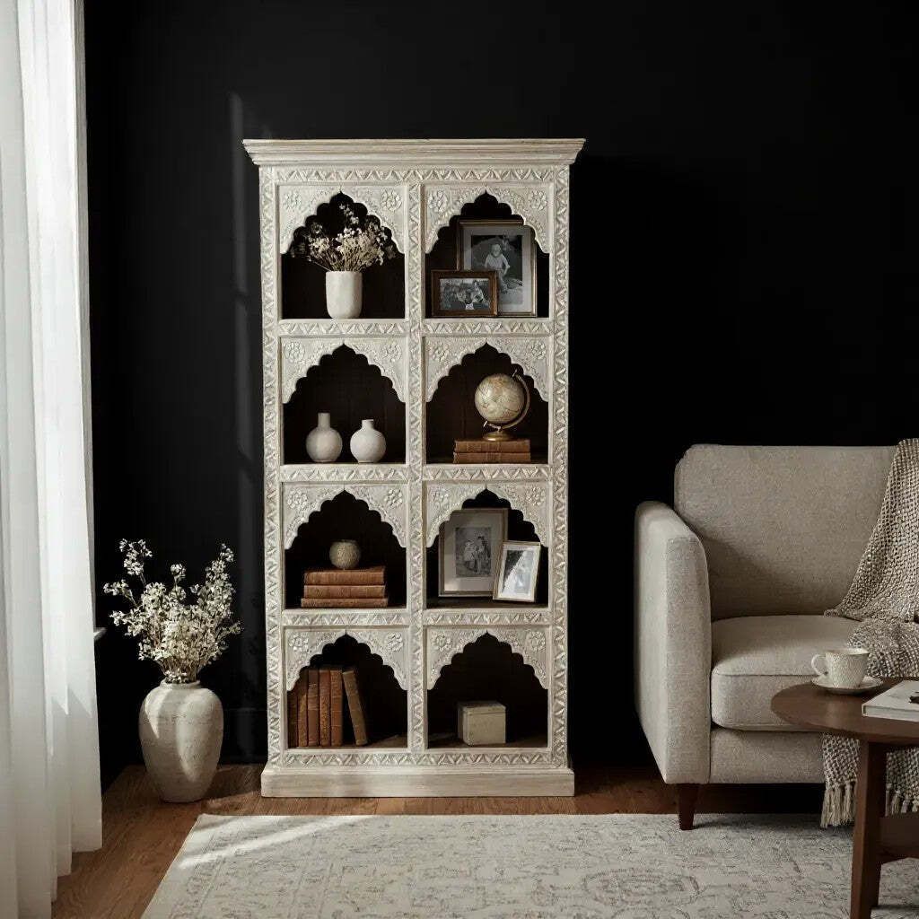 Hand Carved Mango Wood Bookcase With A Light Natural Cream Washed Finish And Arched Shelves photo buy