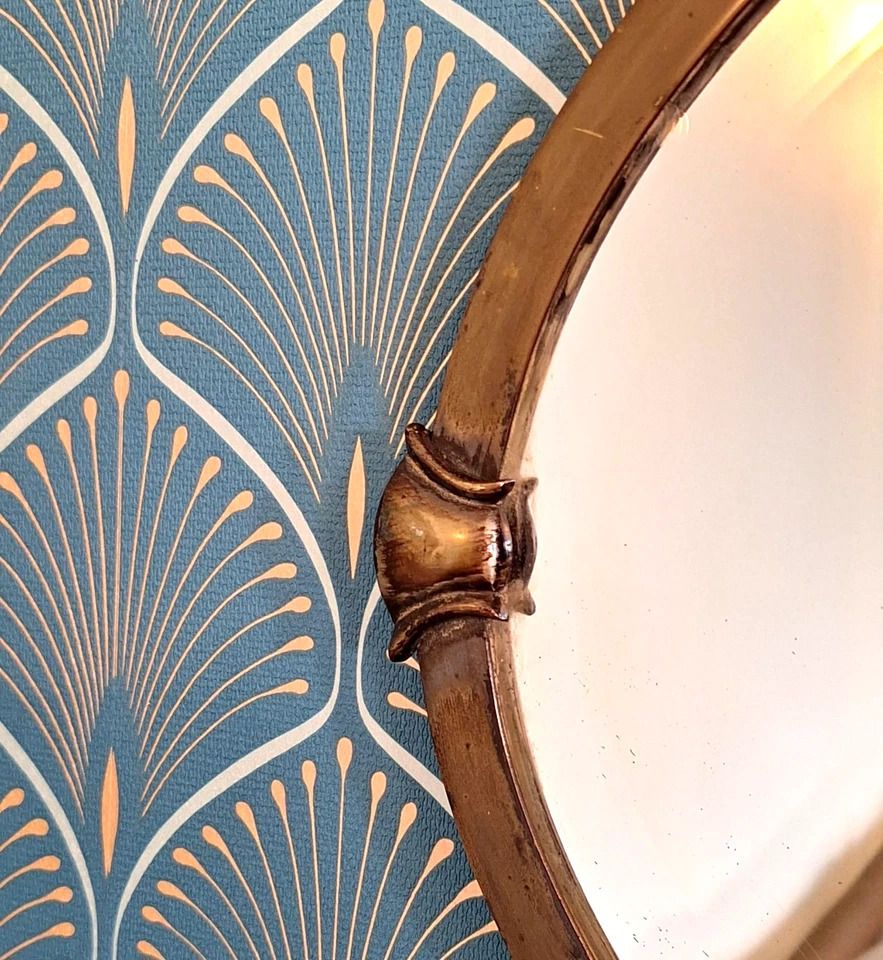 Original Rare Arts And Crafts Gilt Brass Framed Bevelled Edge Oval Wall Mirror photo for sale