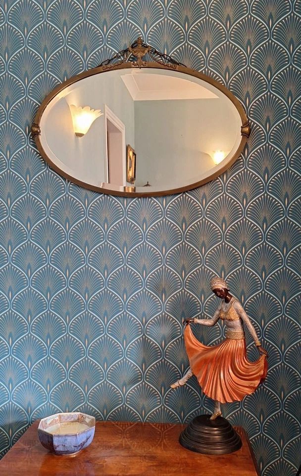 Original Rare Arts And Crafts Gilt Brass Framed Bevelled Edge Oval Wall Mirror photo vinterior