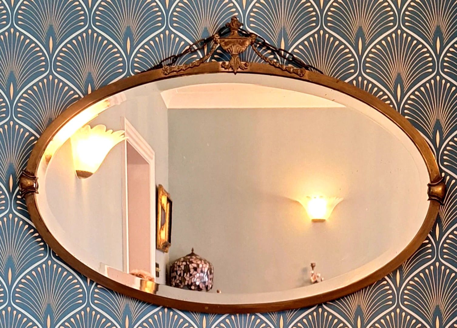 Original Rare Arts And Crafts Gilt Brass Framed Bevelled Edge Oval Wall Mirror