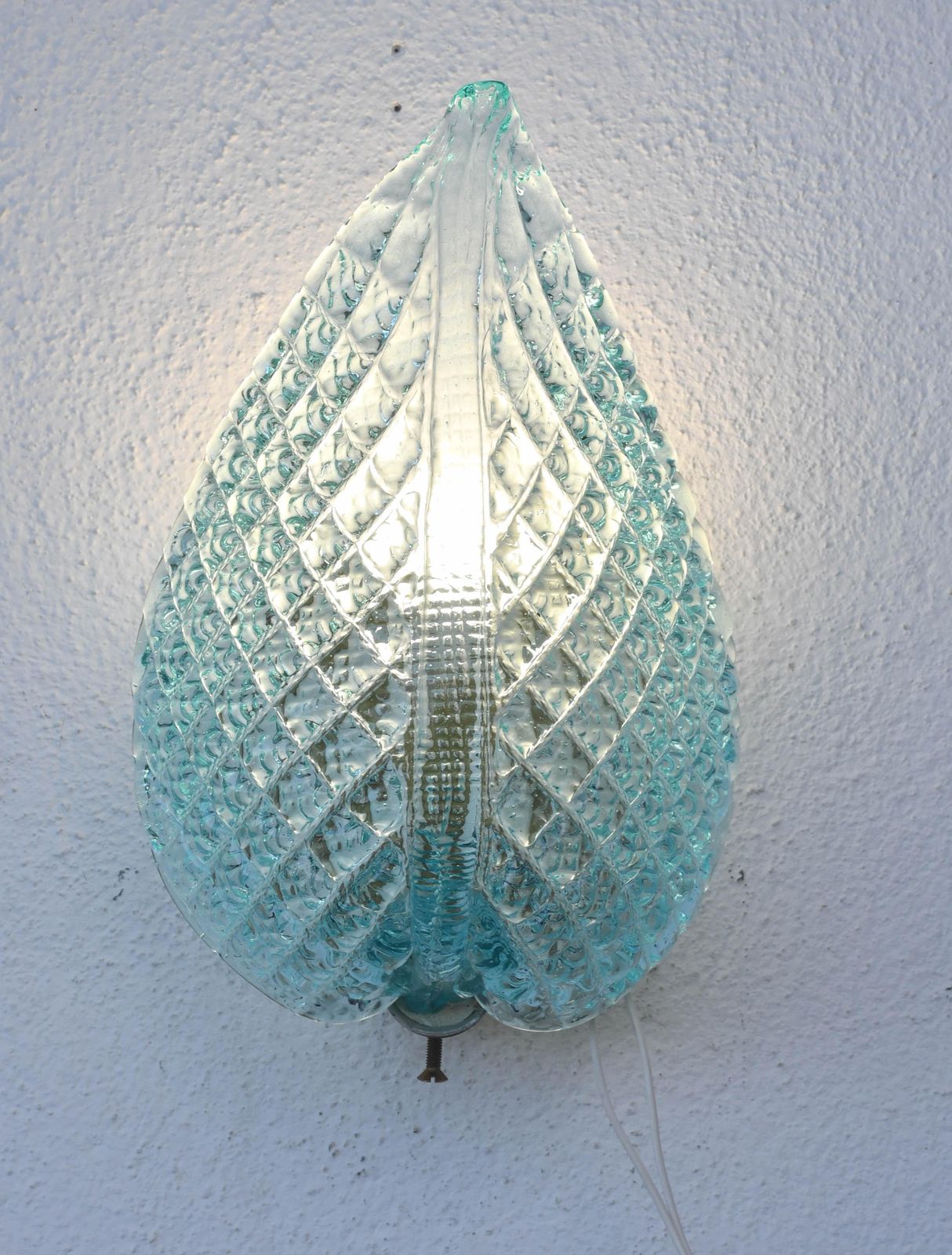 Set Of 2 Rare Wall Light Blue Jewel Murano Glass Leave By Barovier E Toso, 1950s photo vintage