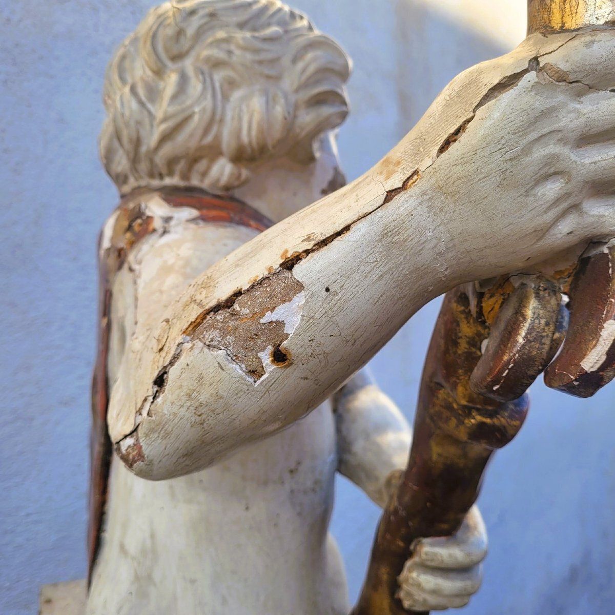 Putto Torch Holder In Lacquered And Gilded Wood, H158cm, Italy Late 17th/Early 18th Century photo buy