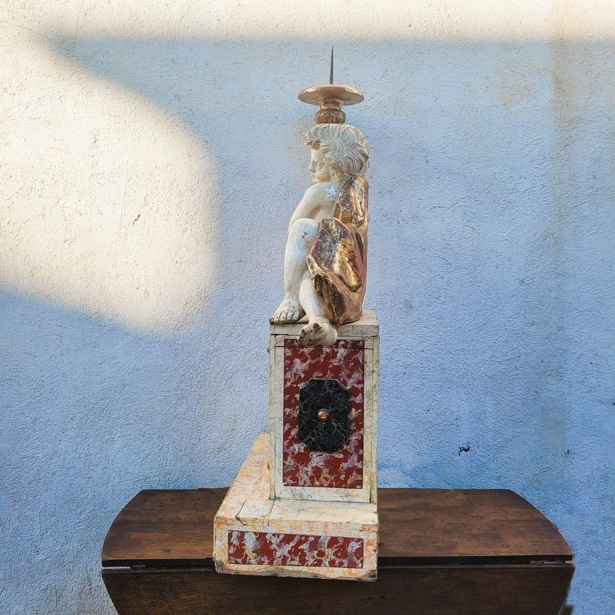Home Decor Putto Torch Holder In Lacquered And Gilded Wood, H158cm, Italy Late 17th/Early 18th Century photo