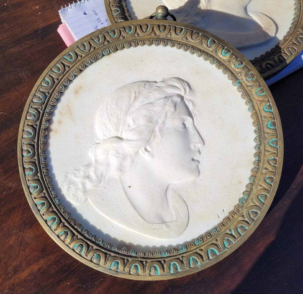 Two Bronze Framed Sculpted Marble Profiles, Diam 27cm, Early 19th Century photo for sale