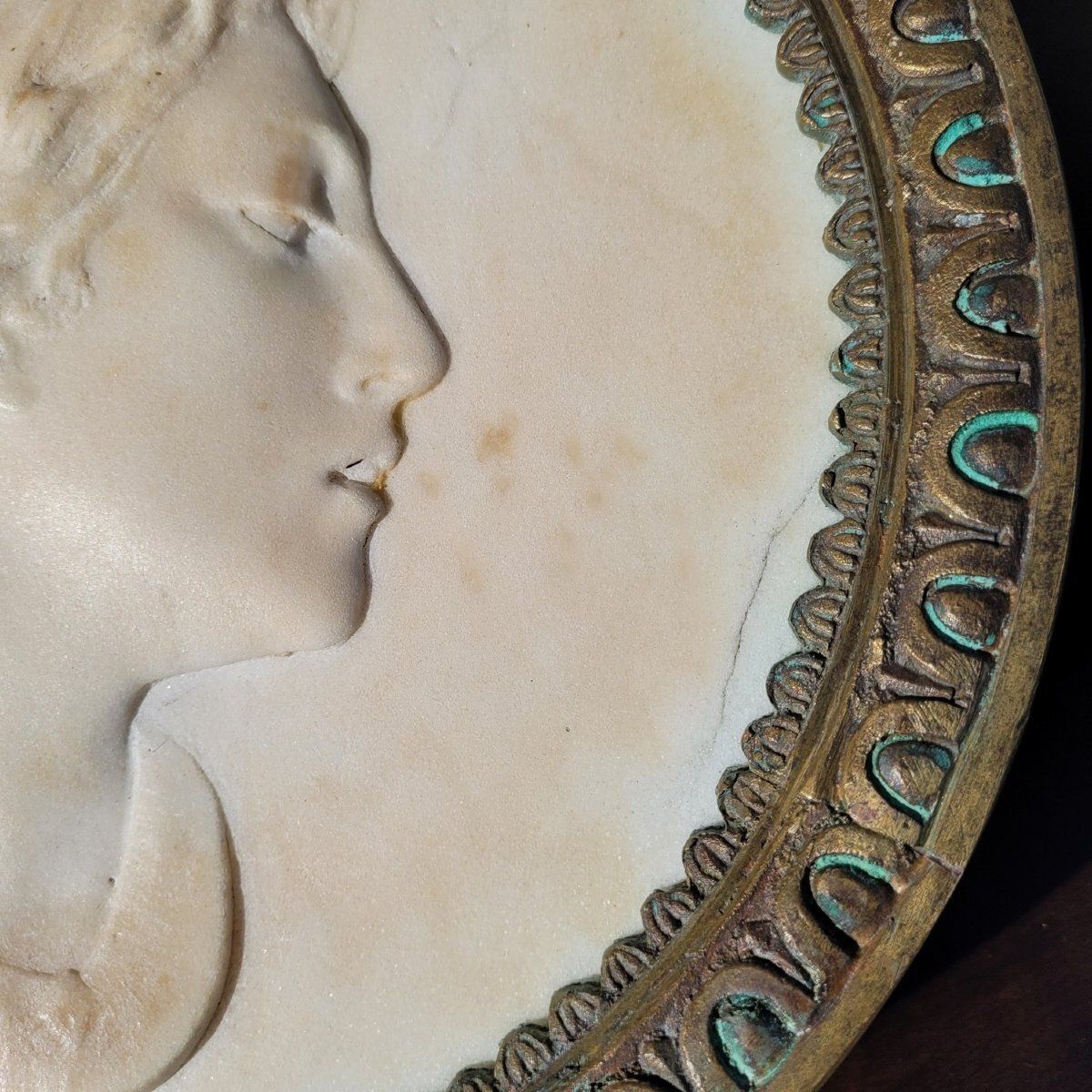 photo for sale Two Bronze Framed Sculpted Marble Profiles, Diam 27cm, Early 19th Century