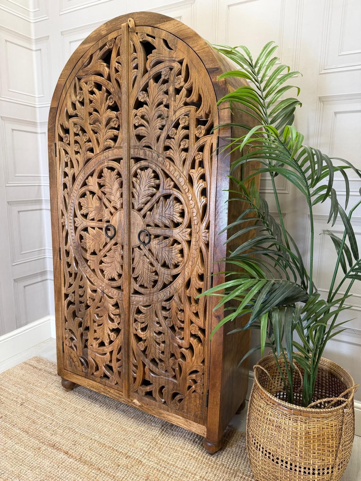 Arched Wardrobe Made Of Hand Carved Mango Wood With Openwork Floral Design In A Natural Finish. photo 995.0