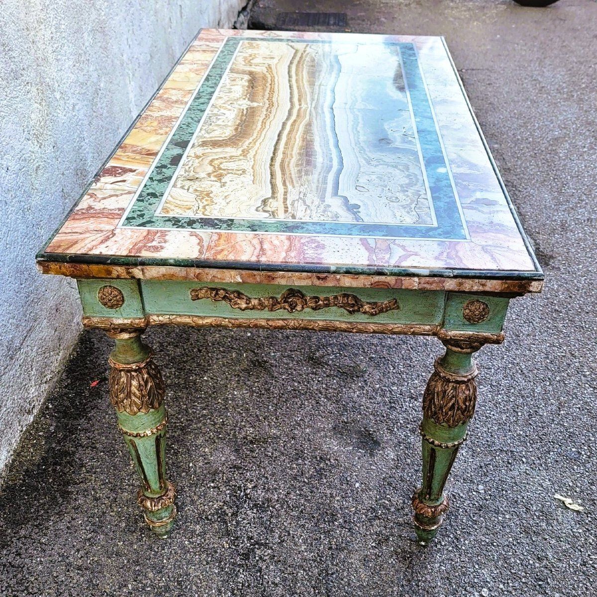 Coffee Table In Marble Marquetry And Lacquered Wood, Late 19th/Early 20th Century photo for sale