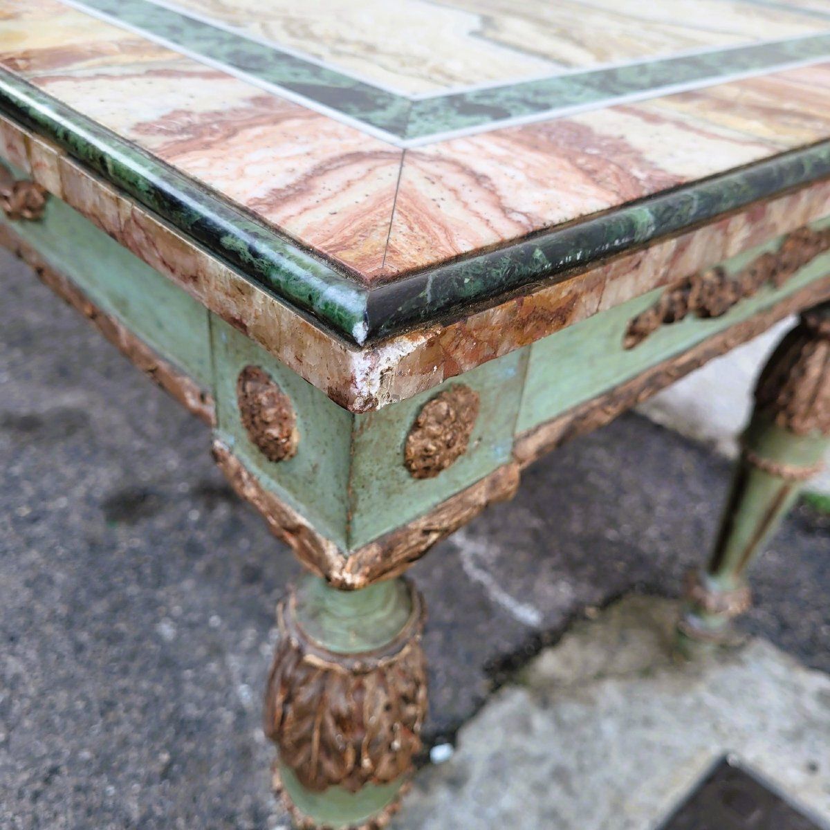 Coffee Table In Marble Marquetry And Lacquered Wood, Late 19th/Early 20th Century photo vinterior